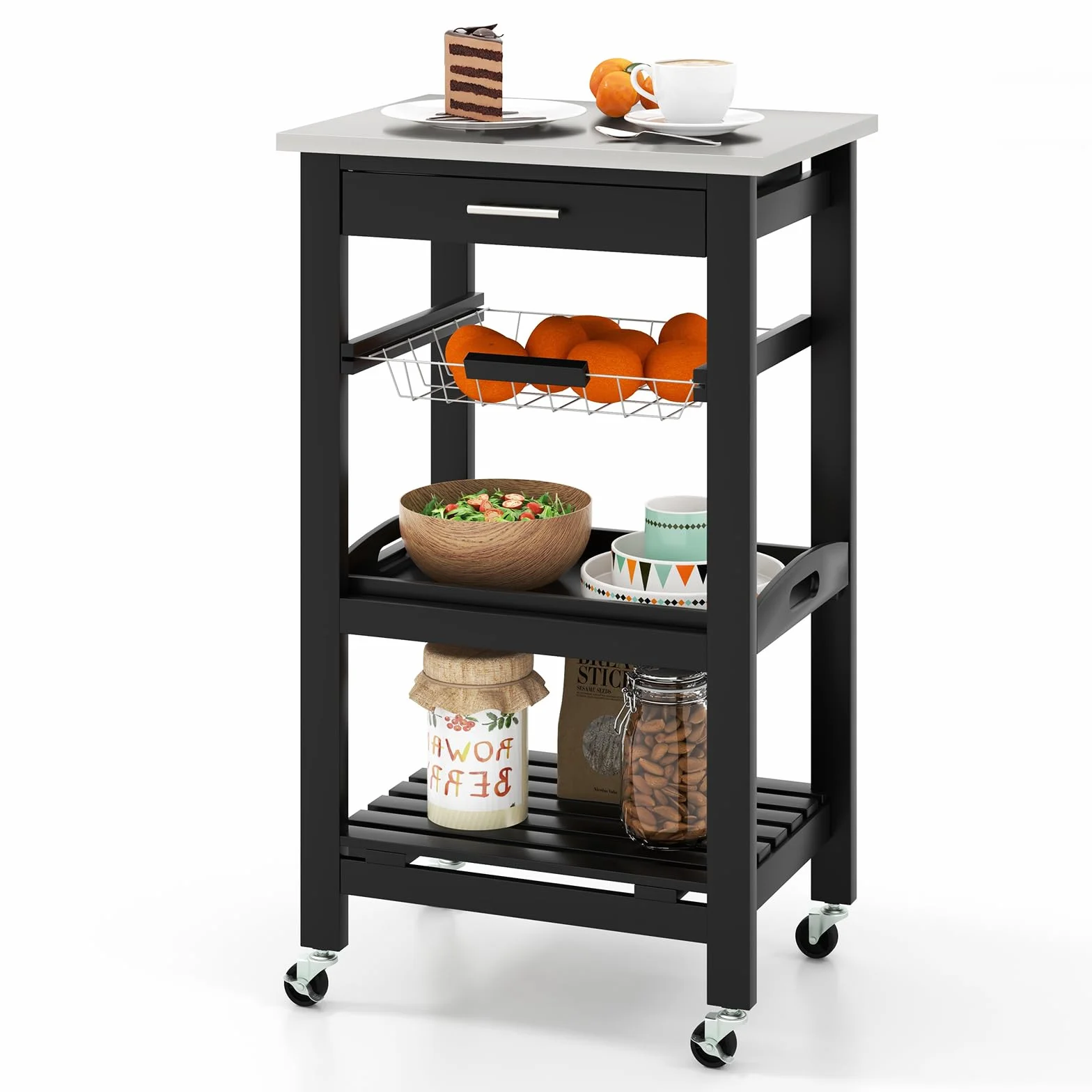 GOPLUS Isla de Cocina con Ruedas, Carrito de Almacenamiento Rodante con Encimera de Acero Inoxidable, Cesta de Alambre Metálico Deslizable, Bandeja para Servir, para Cocina y Comedor (Negro)