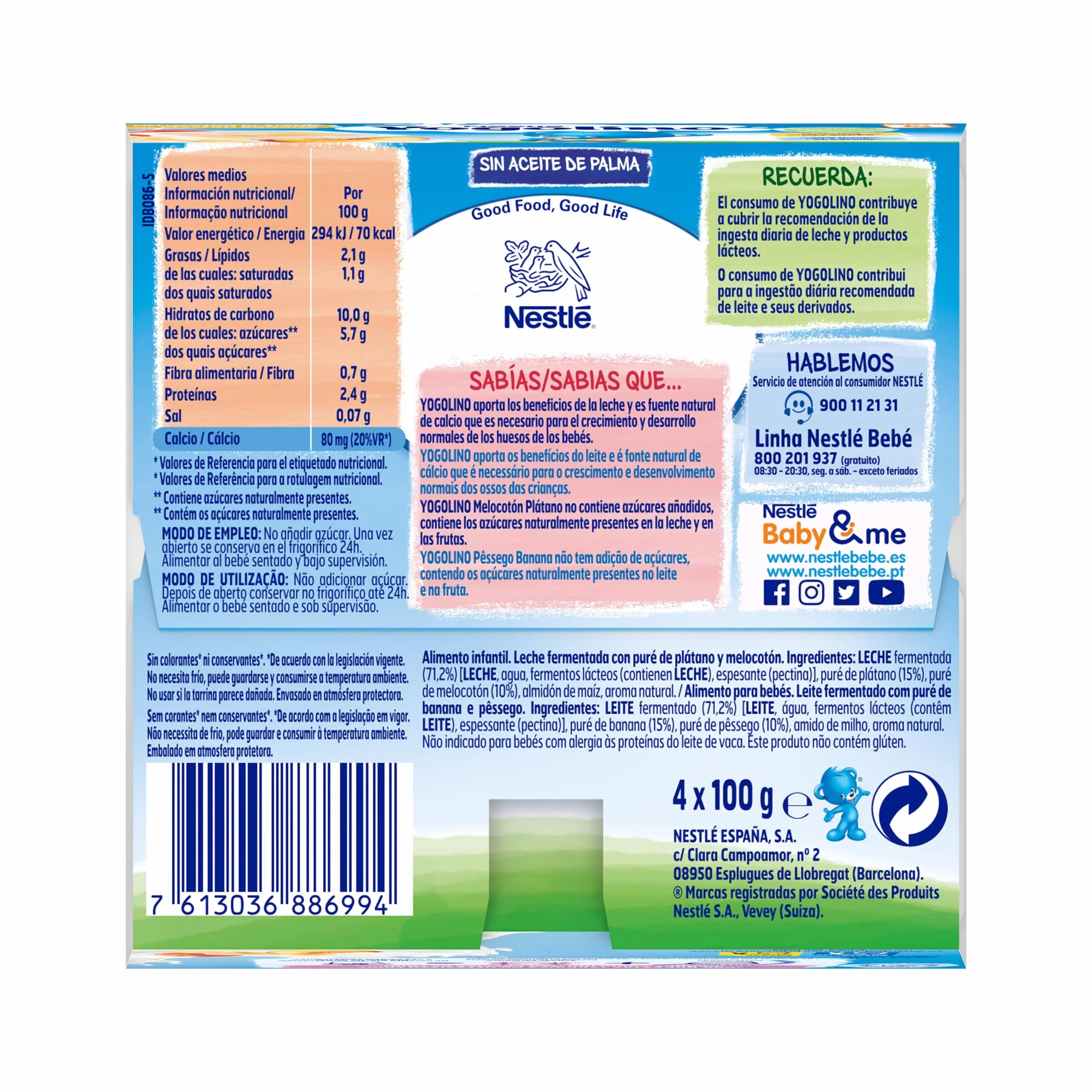 Yogolino Melocotón Plátano sin Azúcar Añadido 6+ Meses 4 x 100g