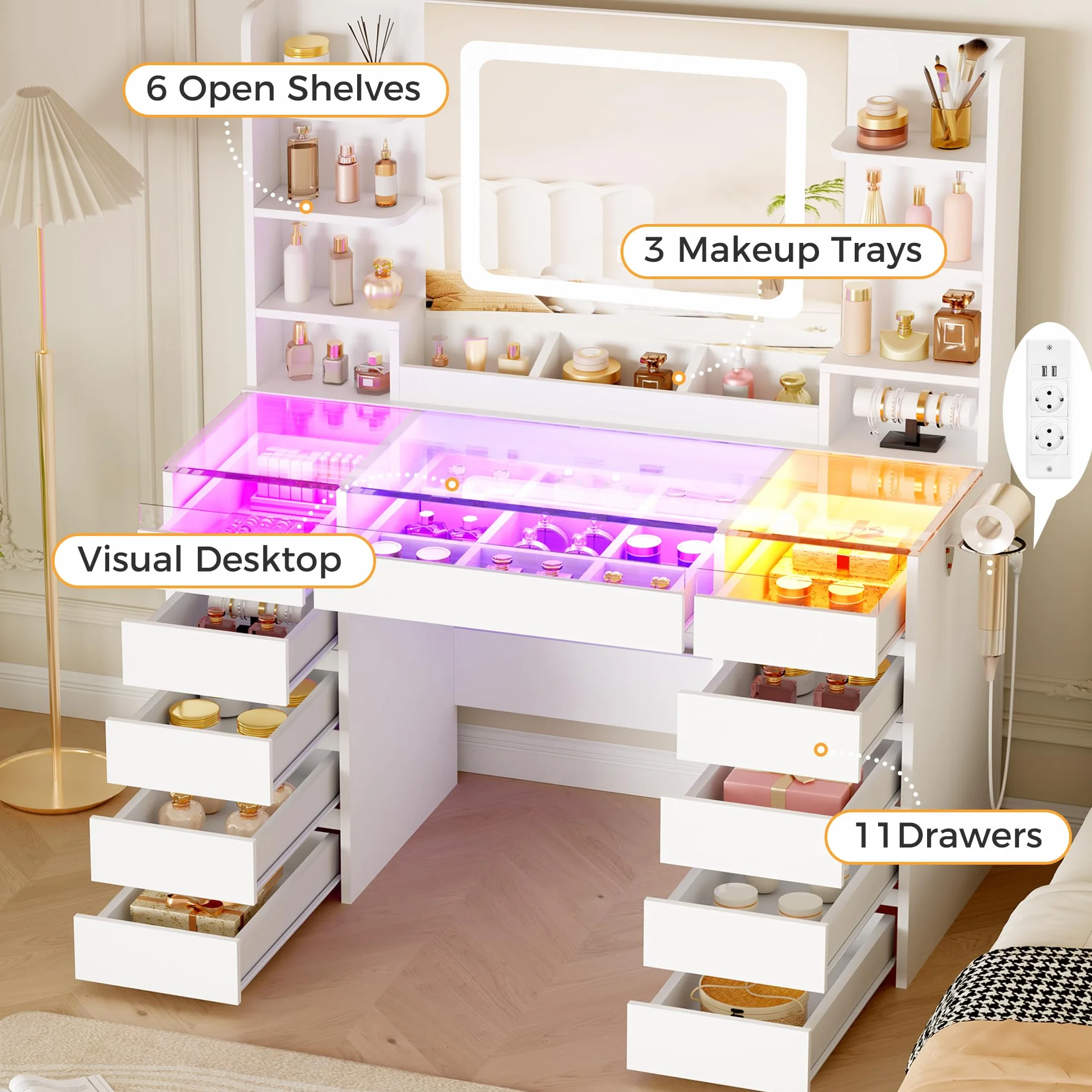 BEWISHOME Tocador de Maquillaje con Espejo y Luces LED, Mesa de Maquillaje con Cubierta de Vidrio Transparente, 11 Cajones RGB, 6 Estantes, Tocador Maquillaje con Enchufes Moderno Blanco EFST57W