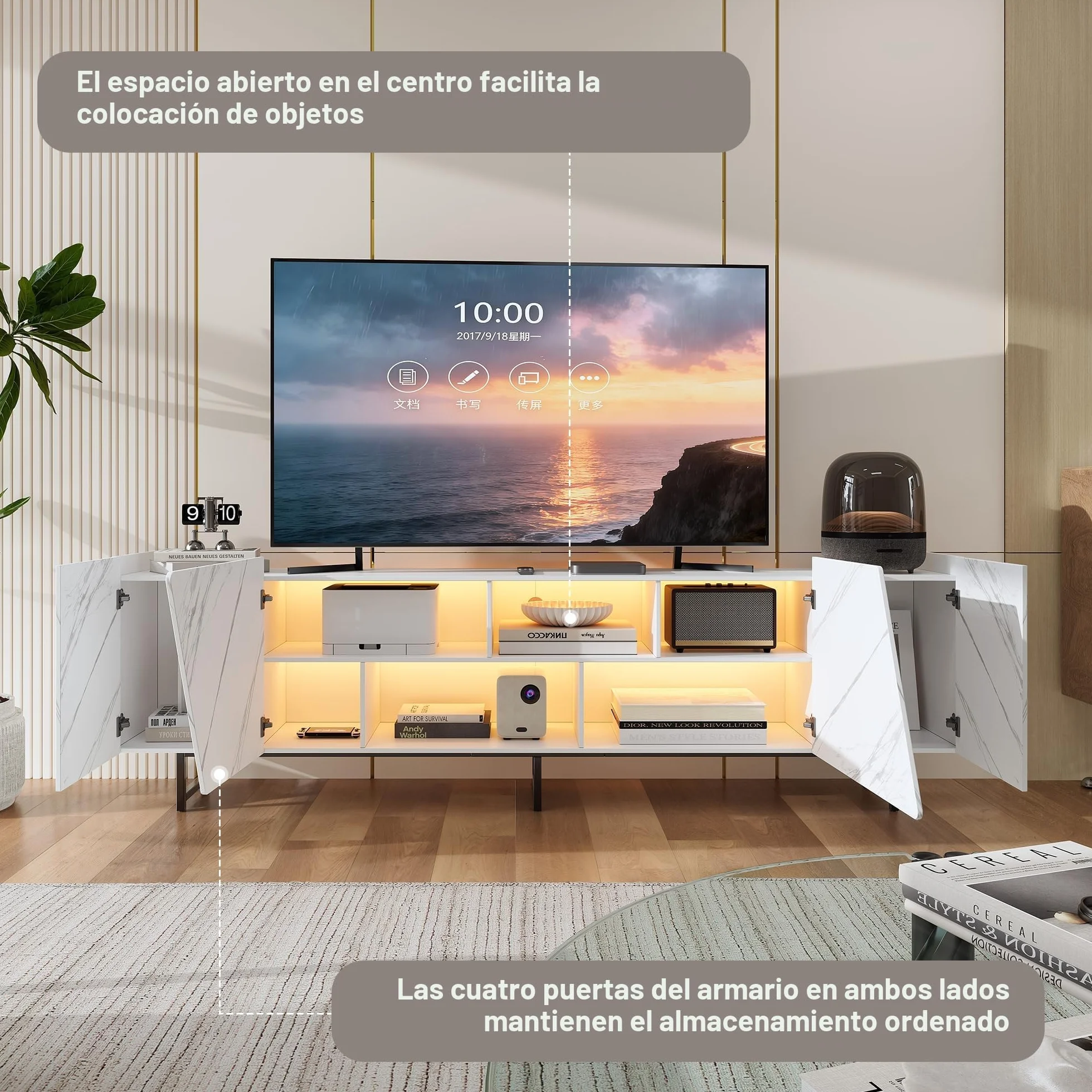 BRILVERDE Mueble de TV con iluminación LED de mármol blanco brillante, 220 cm, mueble bajo para TV con puerta, espacio de almacenamiento y aparadores, para salón (blanco, 220 cm)