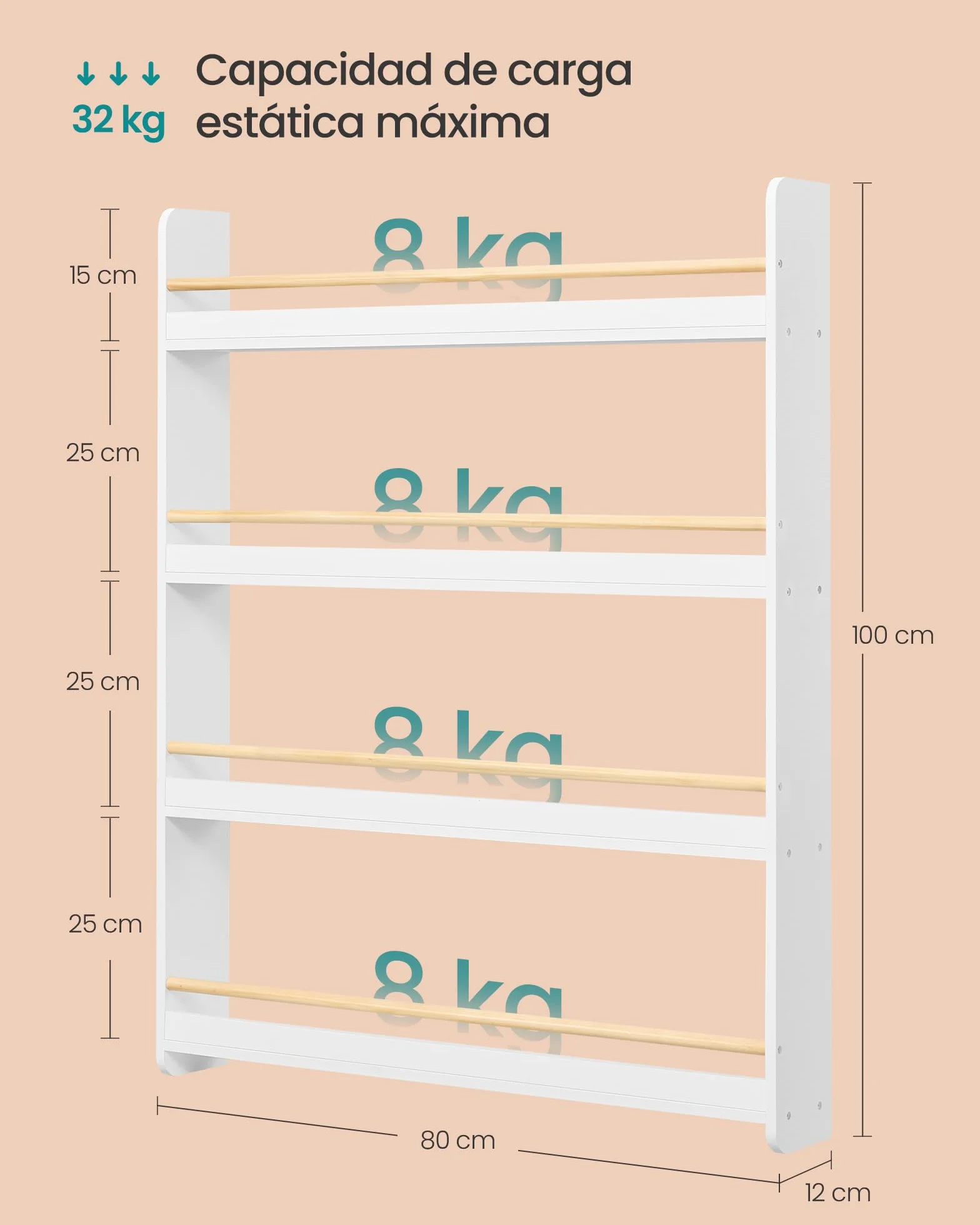 SONGMICS Estantería Infantil 4 Niveles Estante de Pared para Juguetes Blanco y Natural GKR014W01