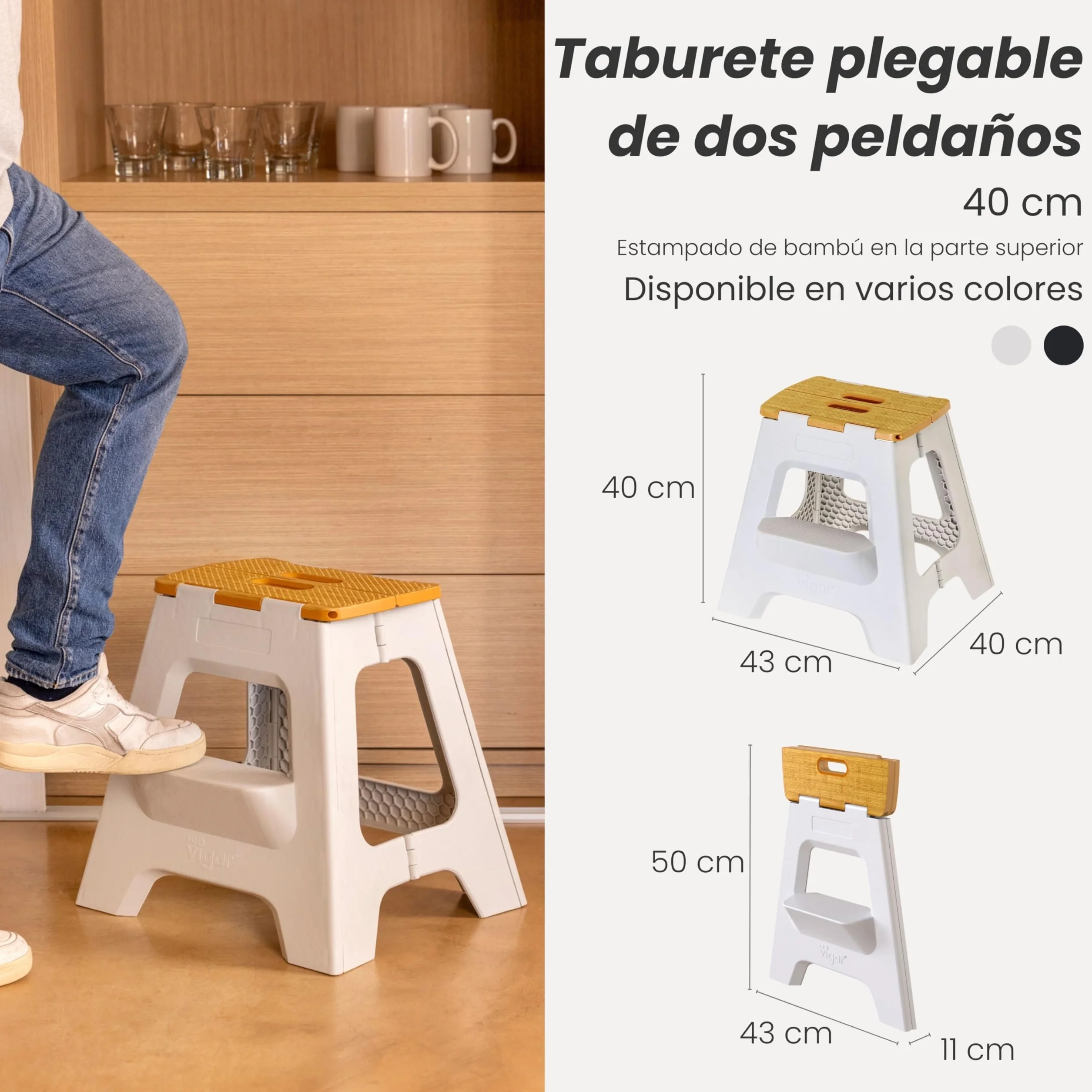 Vigar Taburete Plegable Portatil Compacto 40 cm Antideslizante de Dos Peldaños, Silla Banco para Casa Cocina Baño Oficina, 150 kg Gris Bamboo