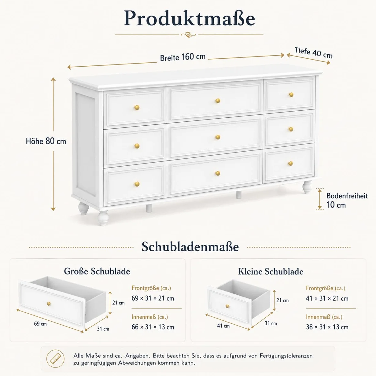 Aparador de sala de estar, cómoda con 9 cajones, mueble de almacenamiento versátil para pasillo, dormitorio y sala de estar, blanco, asas doradas, MDF, 160 × 40 × 80 cm
