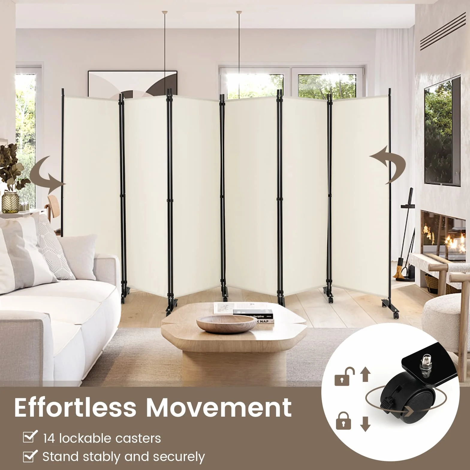 GIANTEX Biombo Plegable con Ruedas, Separador de Privacidad 6 Paneles, 334,5 x 172 cm, Divisor de Habitación de Tela con Patas Anchas, Protección Privada (Beige)