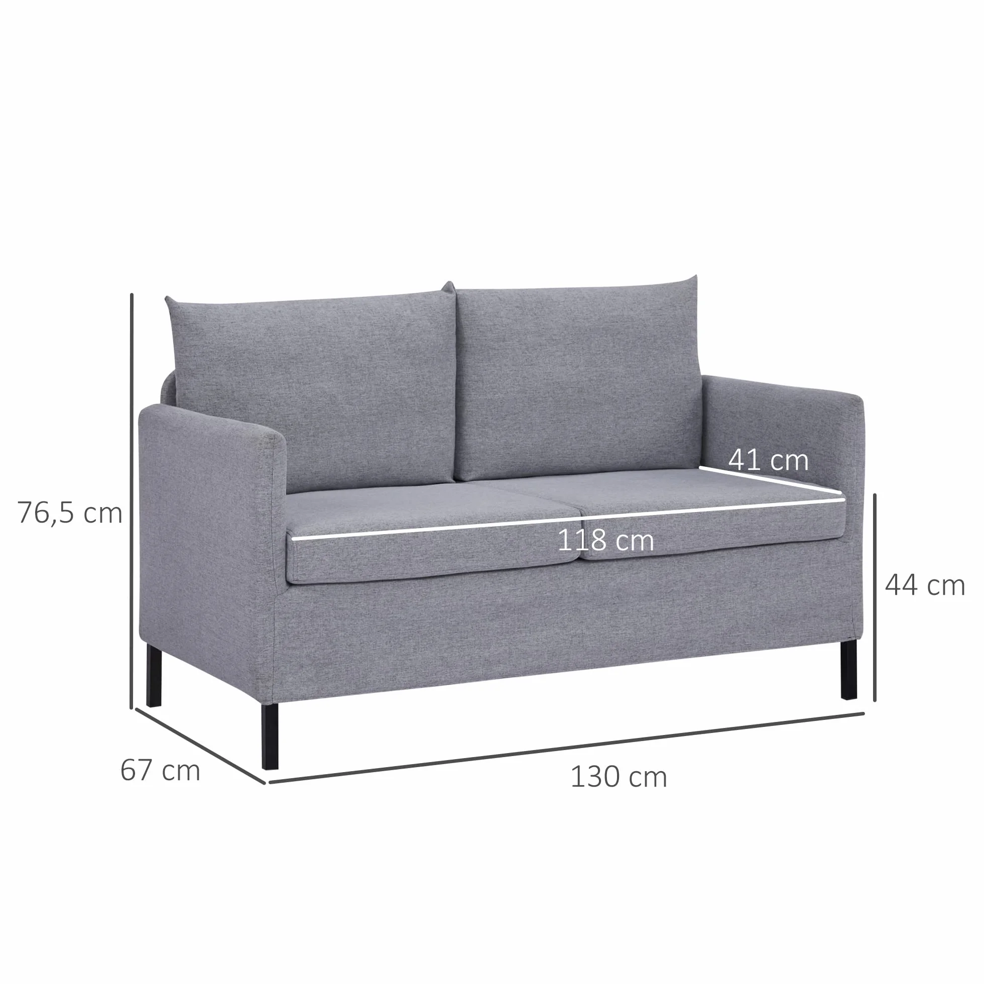 HOMCOM Sofá de 2 Plazas Tapizado en Lino Sintético Sillón Biplaza de Salón con Cojines Acolchados Desenfundables Reposabrazos y Patas de Acero 130x67x76,5 cm Gris