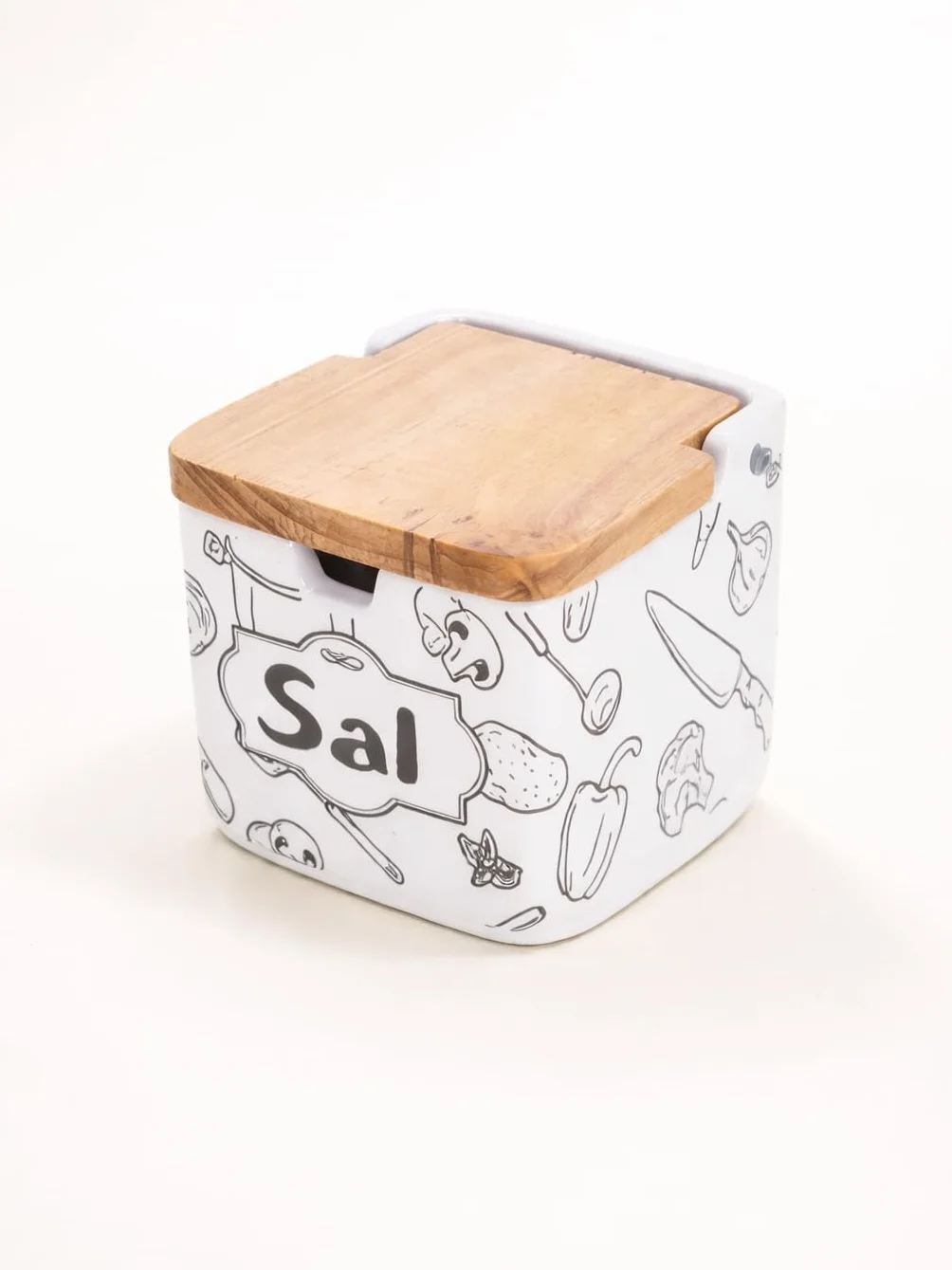Salero Cerámica Decorado con Tapa de Madera 9x9x9cm – Recipiente para Sal – Diseño Original, Práctico y Resistente