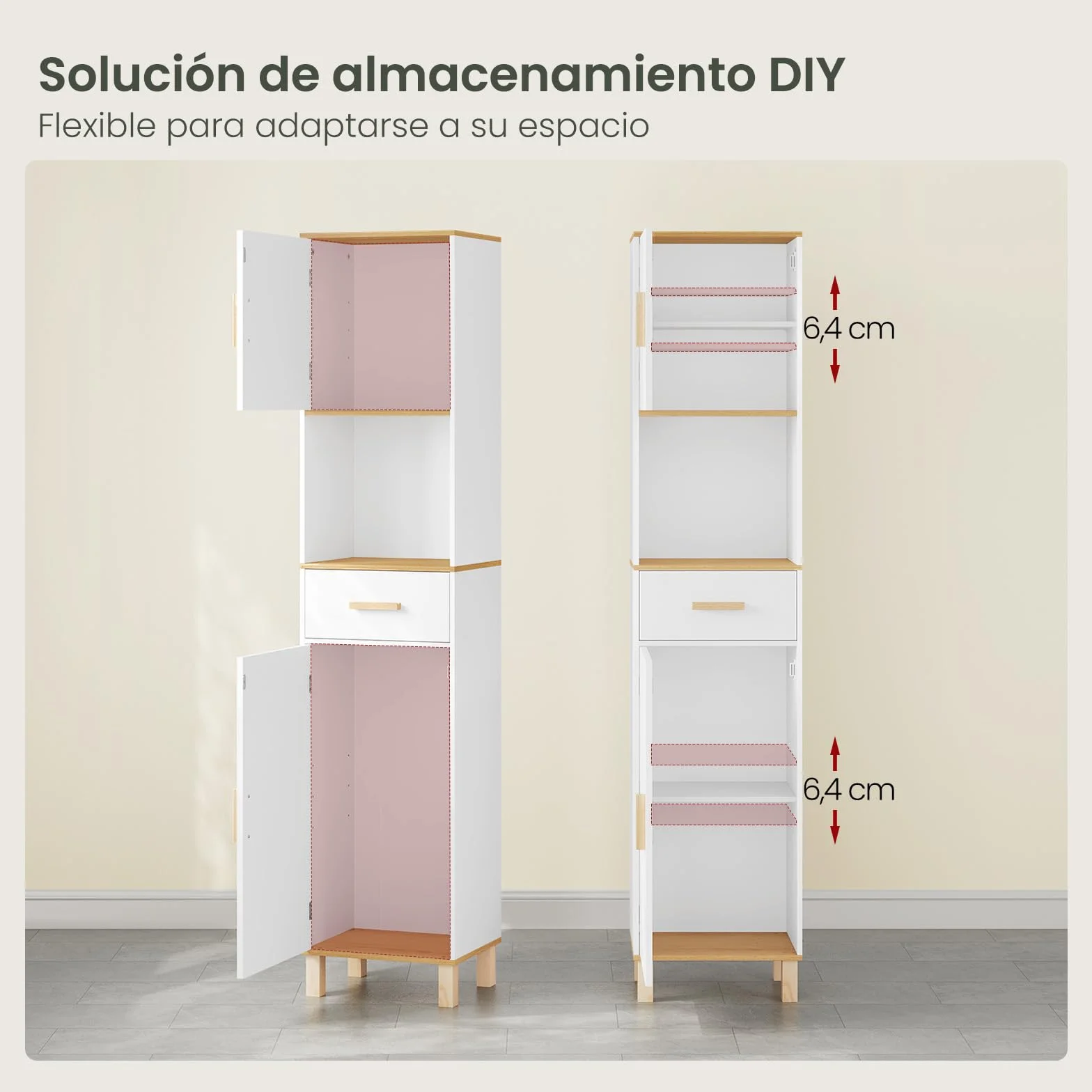 EUGAD Armario Baño Alto, Armario Columna de Almacenamiento, Mueble Baño Blanco con 2 Puertas, 4 Compartimentos Interiores, 1 Compartimento Abierto y 1 Cajón, MDF, 39x30x179 cm
