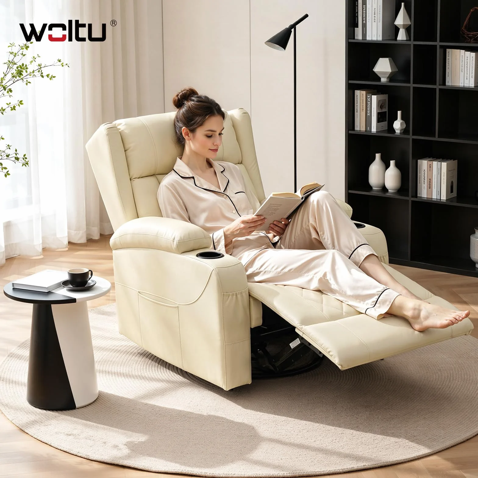 WOLTU Sillón Relax Reclinable, Sofa Individual Giratorio 360° de Función Balanceo y Respaldo Ajustable, con Reposapiés, Bolsas Laterales y Portavasos, Carga 150 kg, Tapizado en PU, Beige