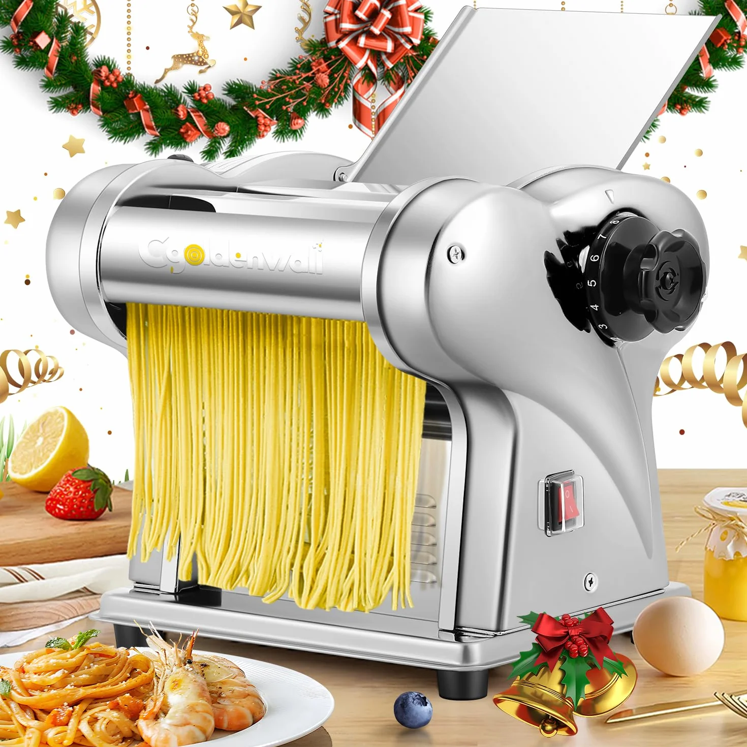 CGOLDENWALL Máquina de Pasta Eléctrica, Motor de 140W con 2 Cuchillas (1.5 mm/4 mm) y 9 Grosores Ajustables de 0.3-3 mm, Acero Inoxidable para Hacer Fideos Fresca Casera