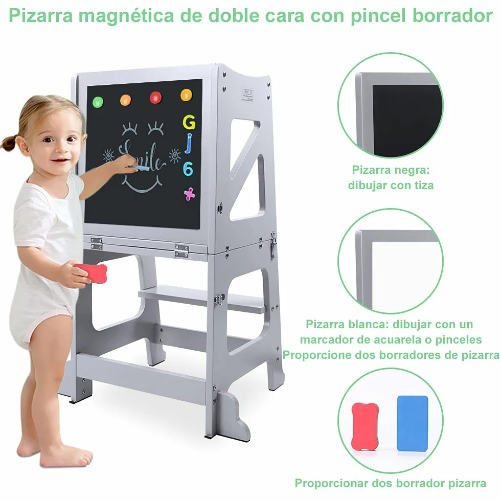 YOLEO Torre Aprendizaje Transformer Montessori Plegable con Pizarra Magnética Gris Madera