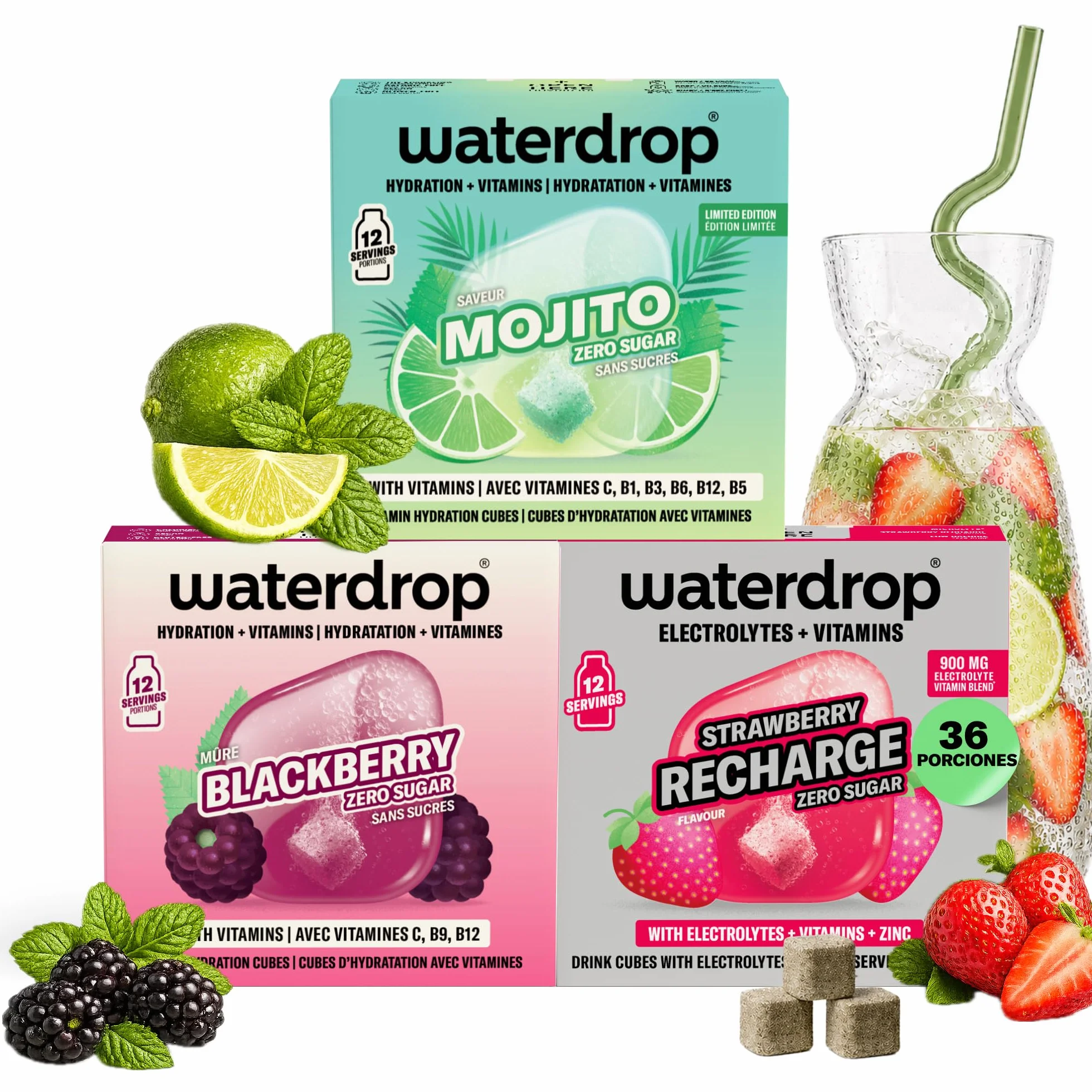 Waterdrop Set Mojito Fresa y Mora 36 Cubitos Saborizantes Agua Electrolitos Sin Azúcar Magnesio Vitaminas