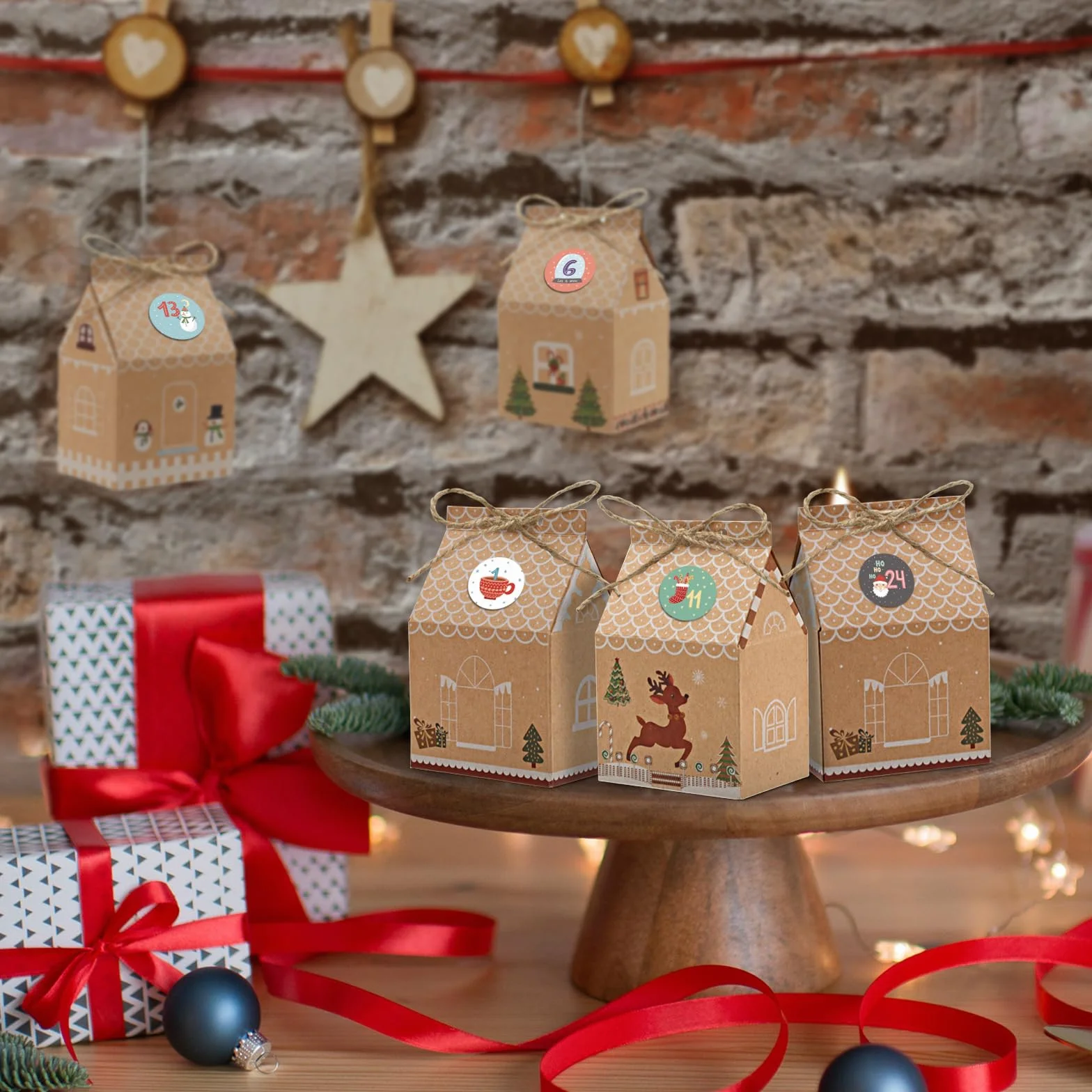 Cajas de Cartón Pequeñas Kraft Navidad con Pegatinas Calendario Adviento 24 Piezas