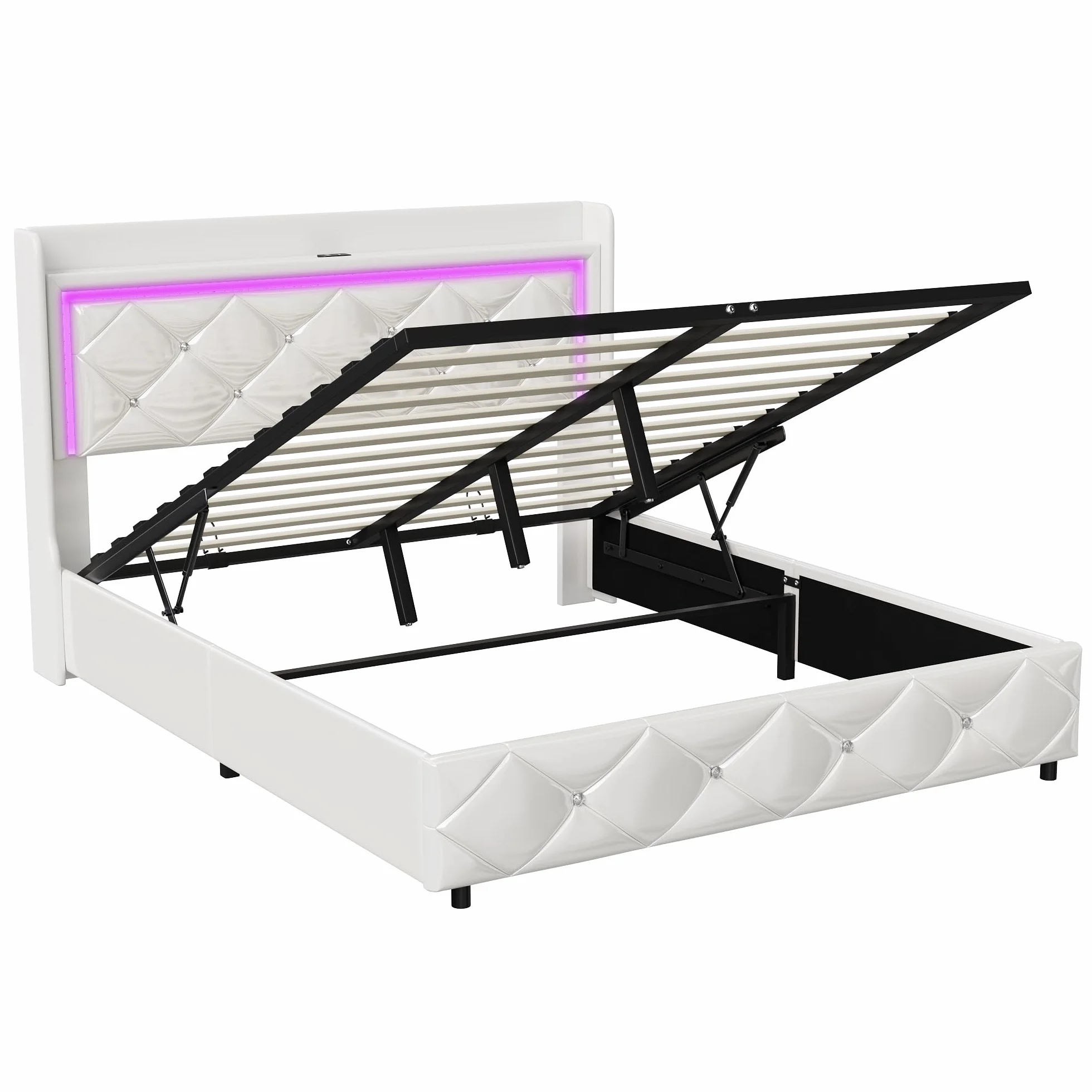 BRILVERDE Cama tapizada 140x200 cm, Cama Doble con iluminación LED, cabecero con Compartimentos de Almacenamiento y función de Carga USB, Base con somier, Cama de Dormitorio, PU, ​​Blanco