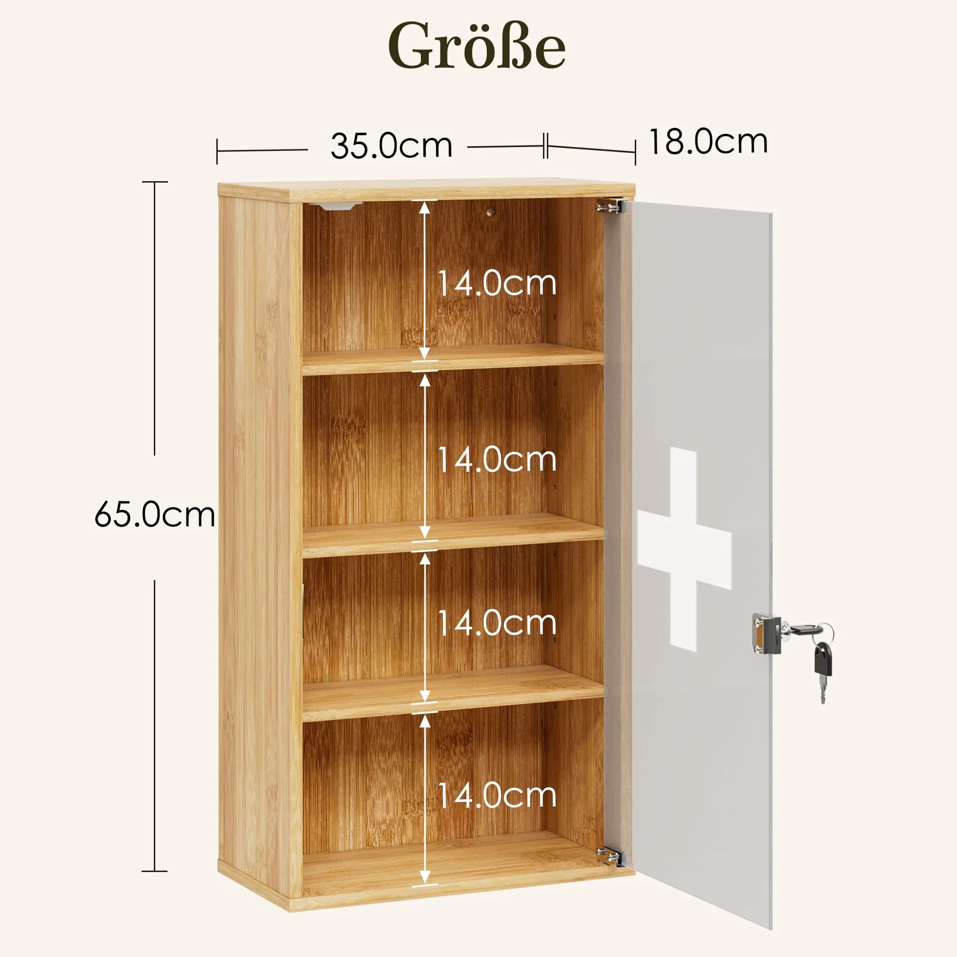 HEYZOEY Botiquín de bambú con cerradura 4 compartimentos 65 x 35 x 18 cm para medicamentos pared baño