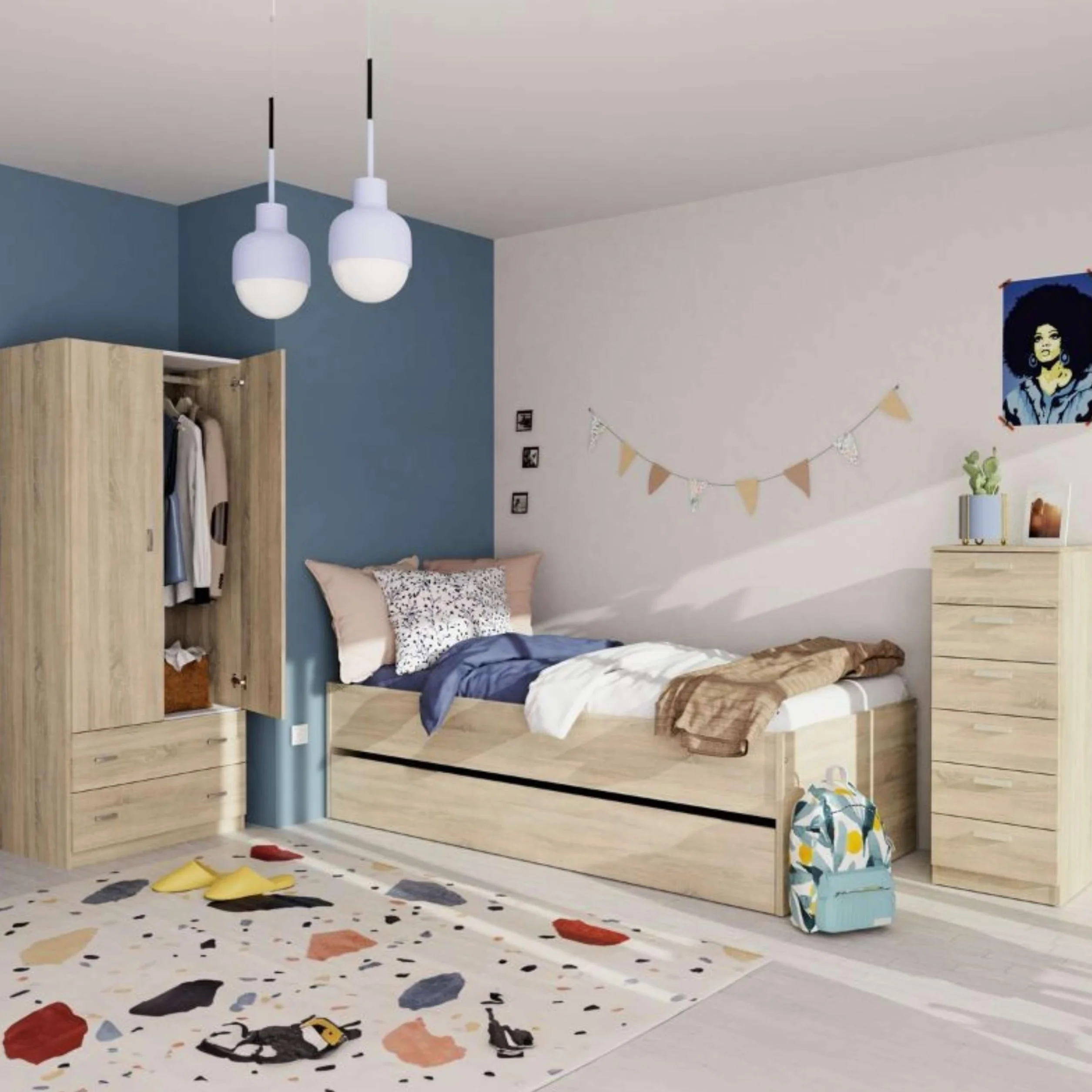 Pack Muebles Dormitorio Juvenil Tibet Estilo Natural en Color Roble Cambrian (Cama + Armario + Cómoda)