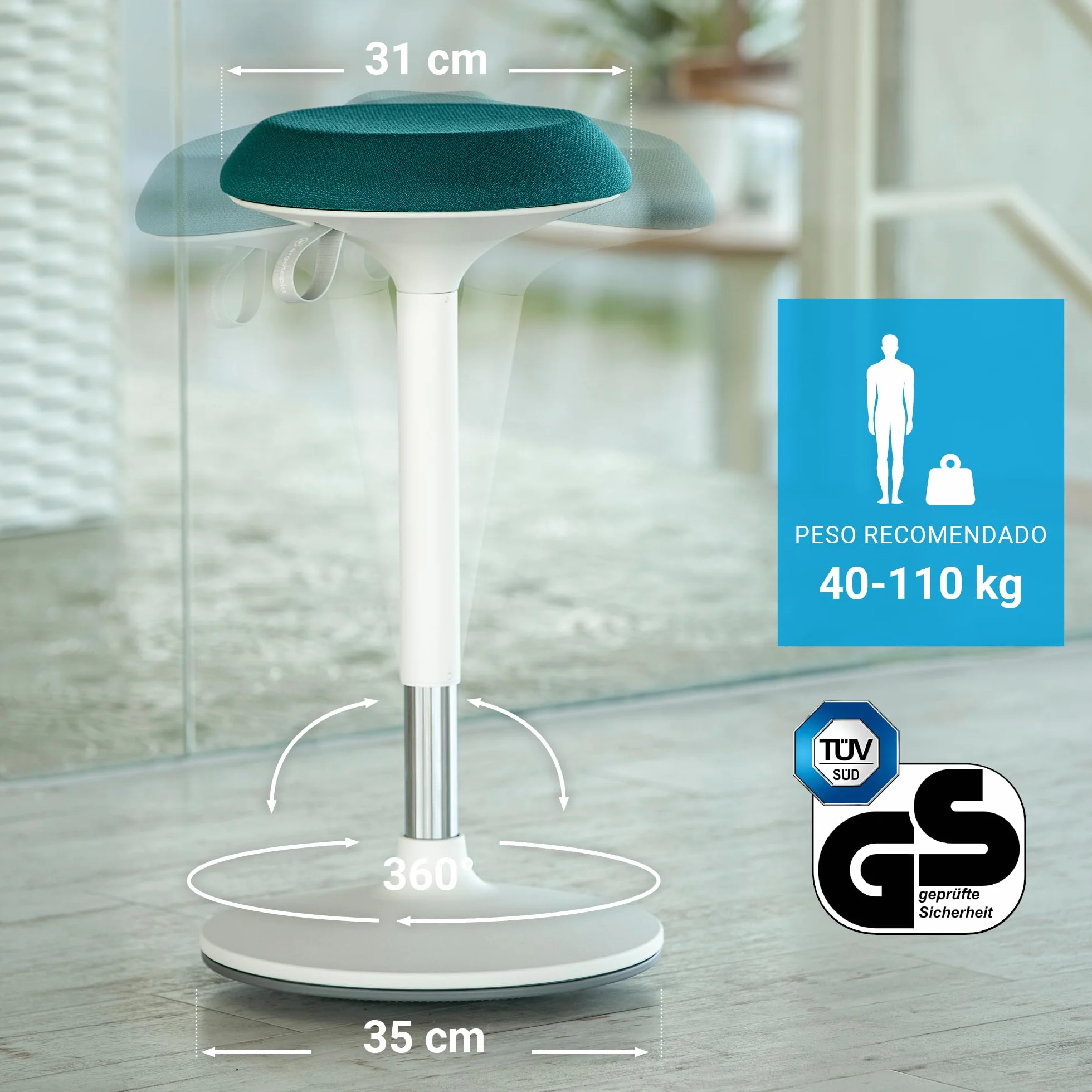 Ergotopia Dykó Taburete ergonómico oficina efecto oscilante altura asiento regulable 56-83 cm giratorio 360° soporte dinámico