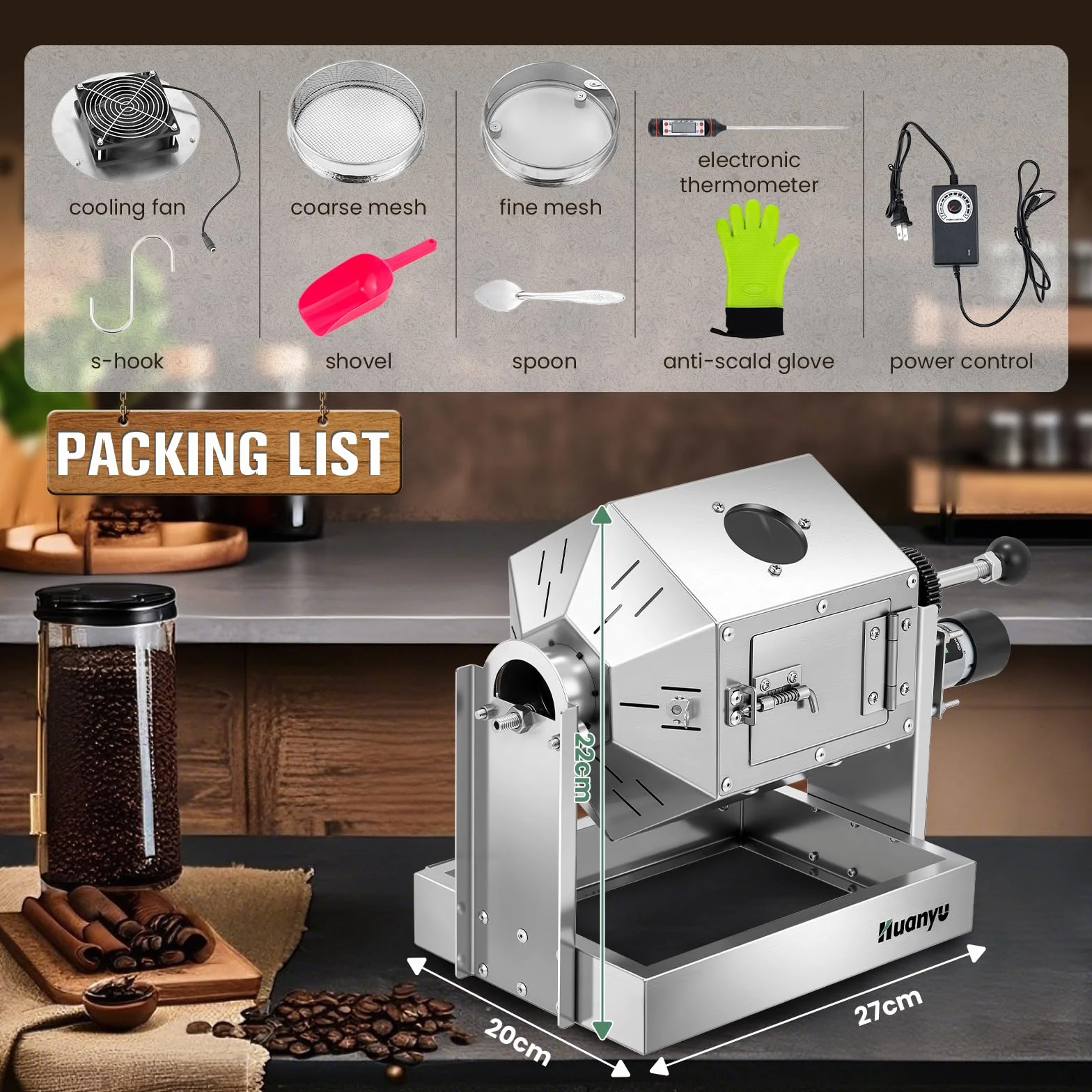 Huanyu Tostadora de Café con Enfriador de Granos 500g Acero Inoxidable Máquina para Cacahuetes y Granos