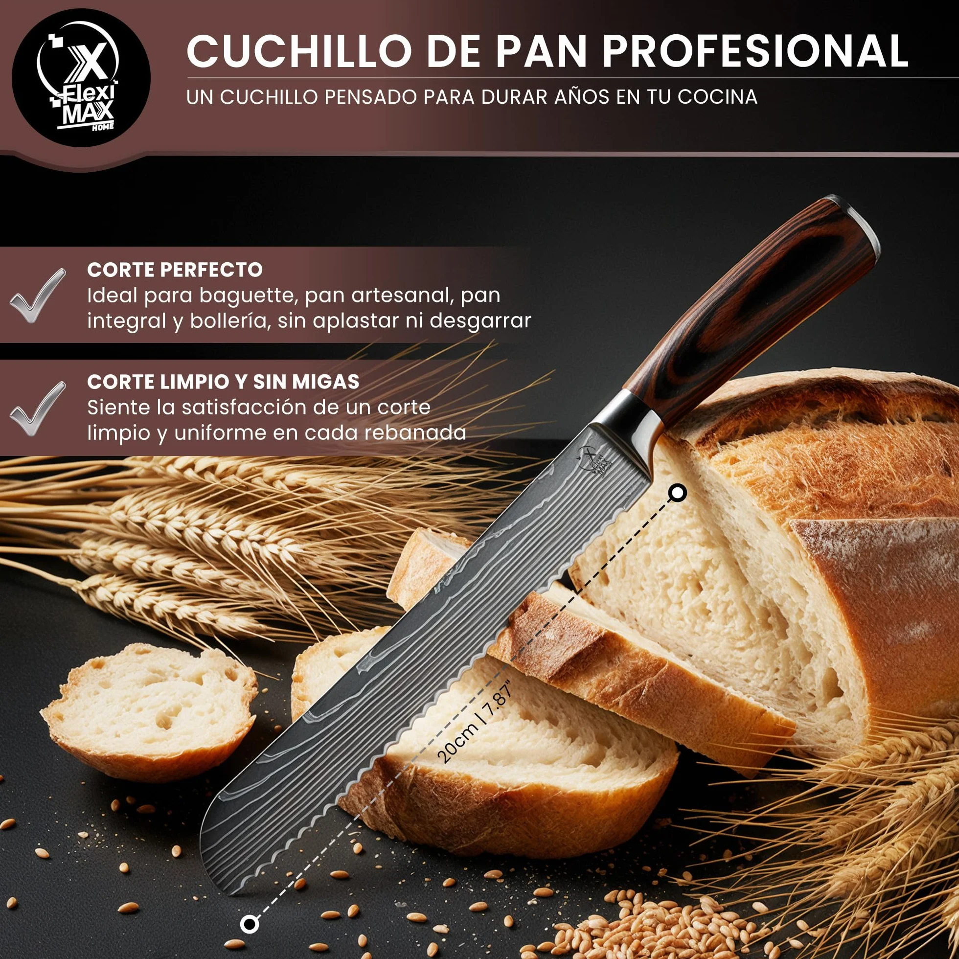 Cuchillo de Pan Profesional 20 cm Cuchillo de Sierra para Pan Crujiente y Baguette Cuchillo de Cocina de Acero Inoxidable con Mango de Madera Ergonómico Cuchillos cocina Profesional