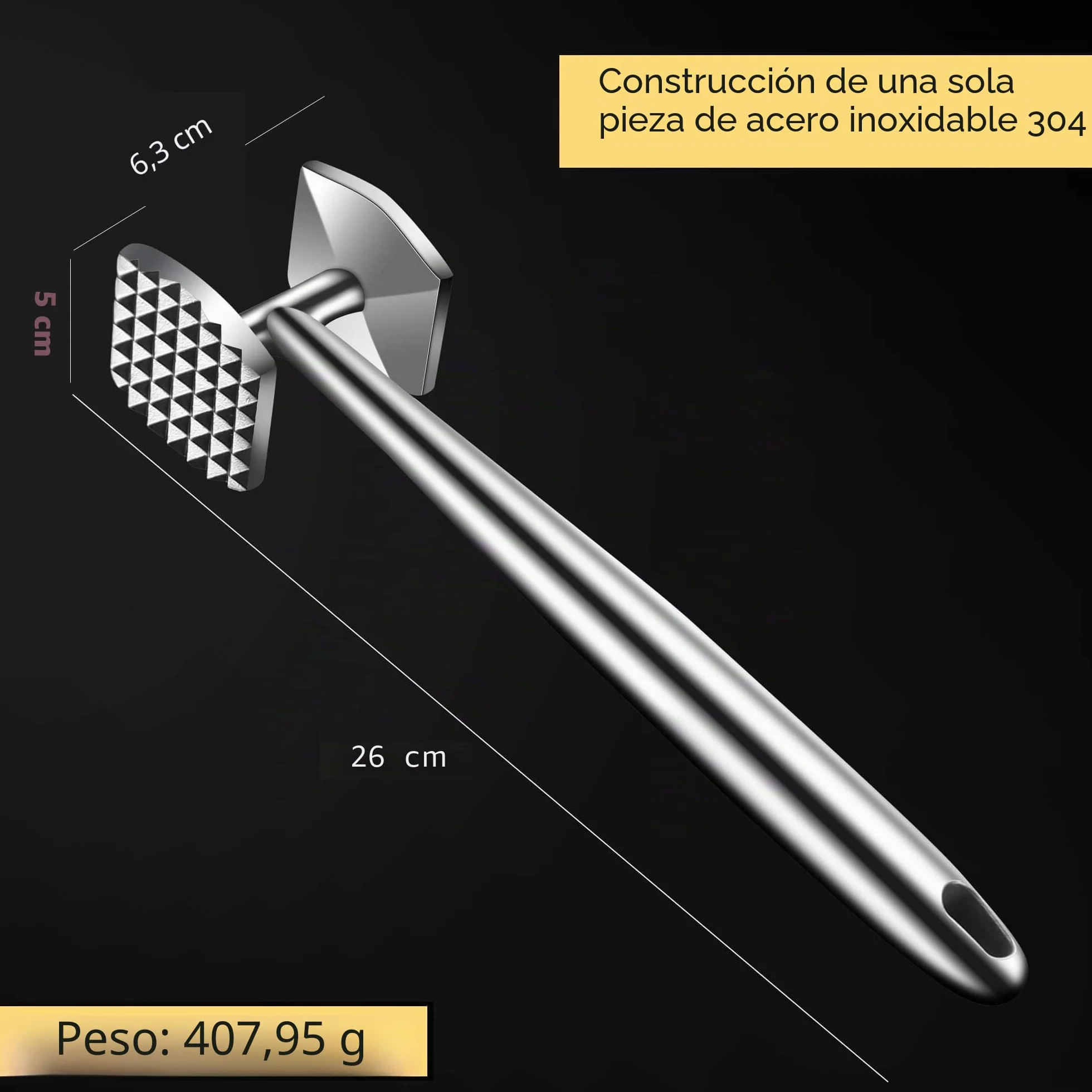 Aliglow Ablandador de Carne Acero Inoxidable 304 18/8 Martillo Cocina Profesional