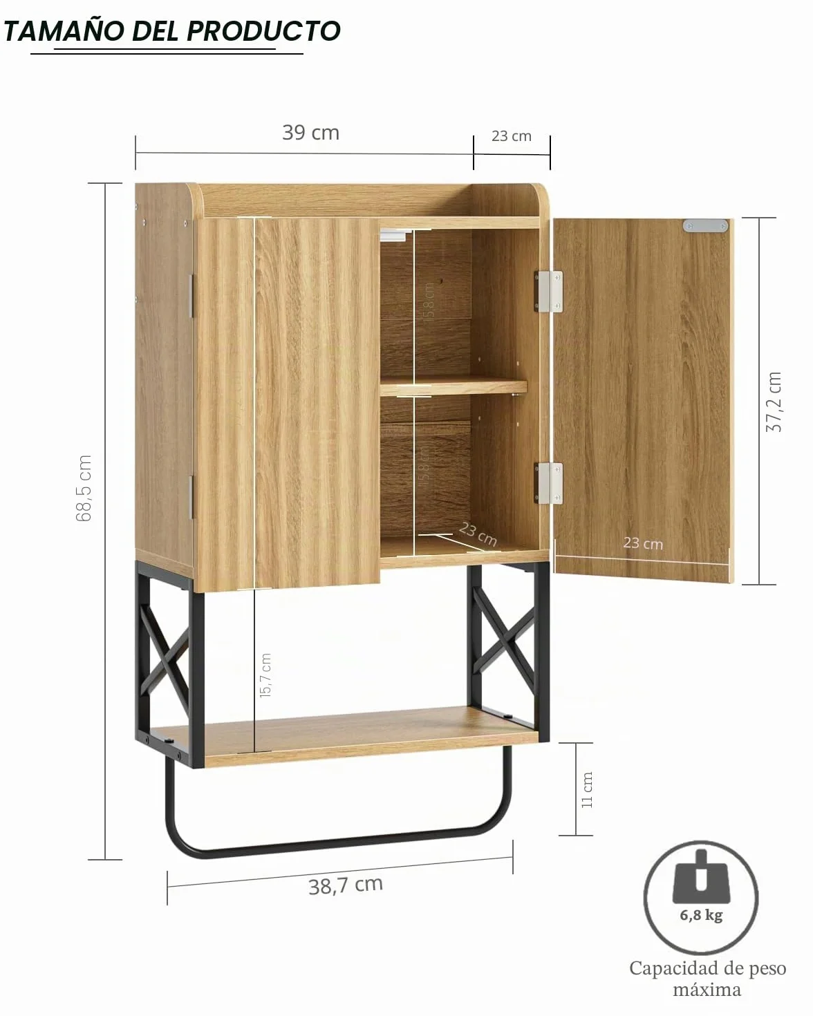 Armario de baño suspendido madera estantes ajustables mueble pared ahorra espacio roble moderno