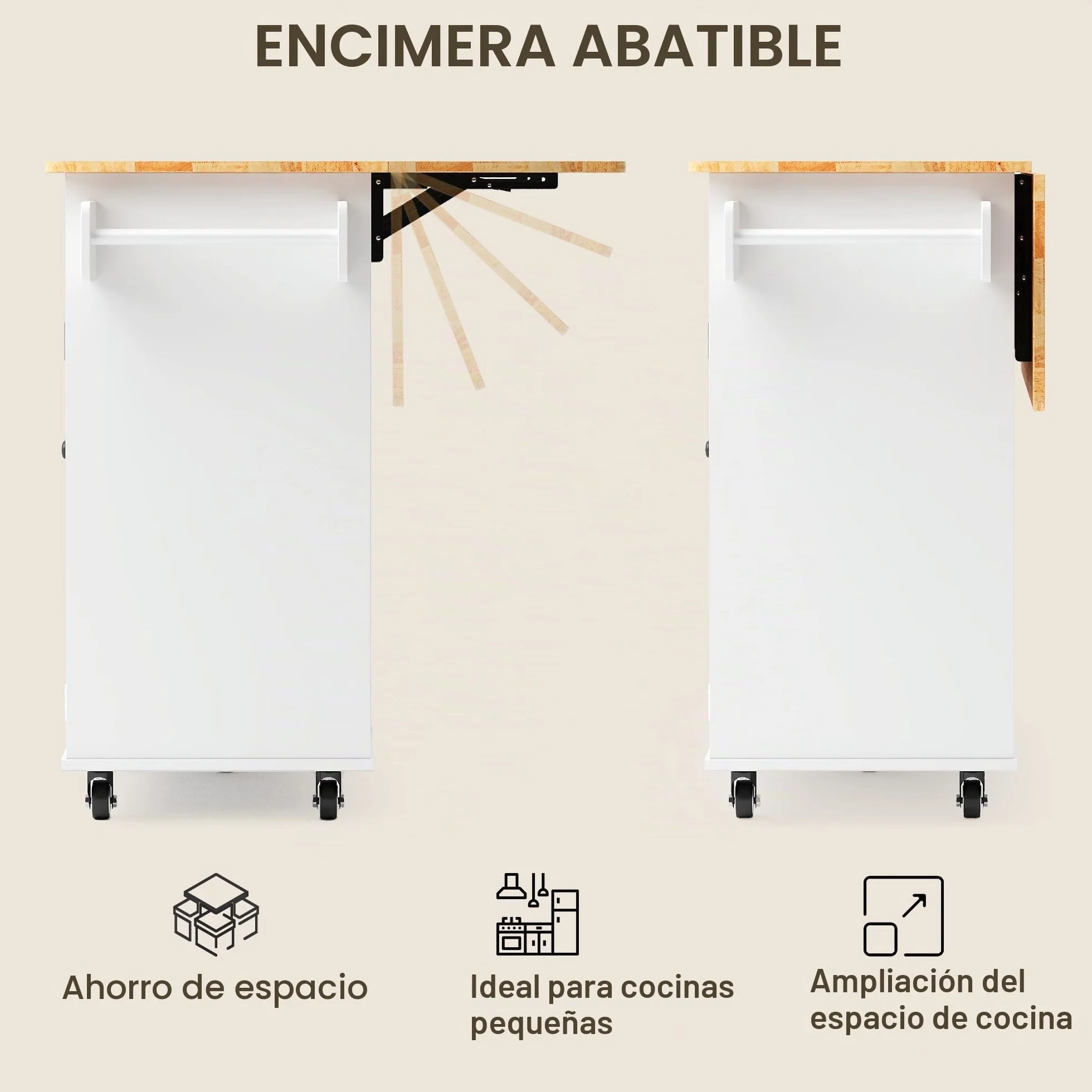 Xbro Isla Cocina con Ruedas, Mueble Auxiliar Cocina con Tablero Abatible, 1 Cajón y Estante, Isla de Cocina Compacta y Versátil, 130 x 75 x 88 cm, Blance