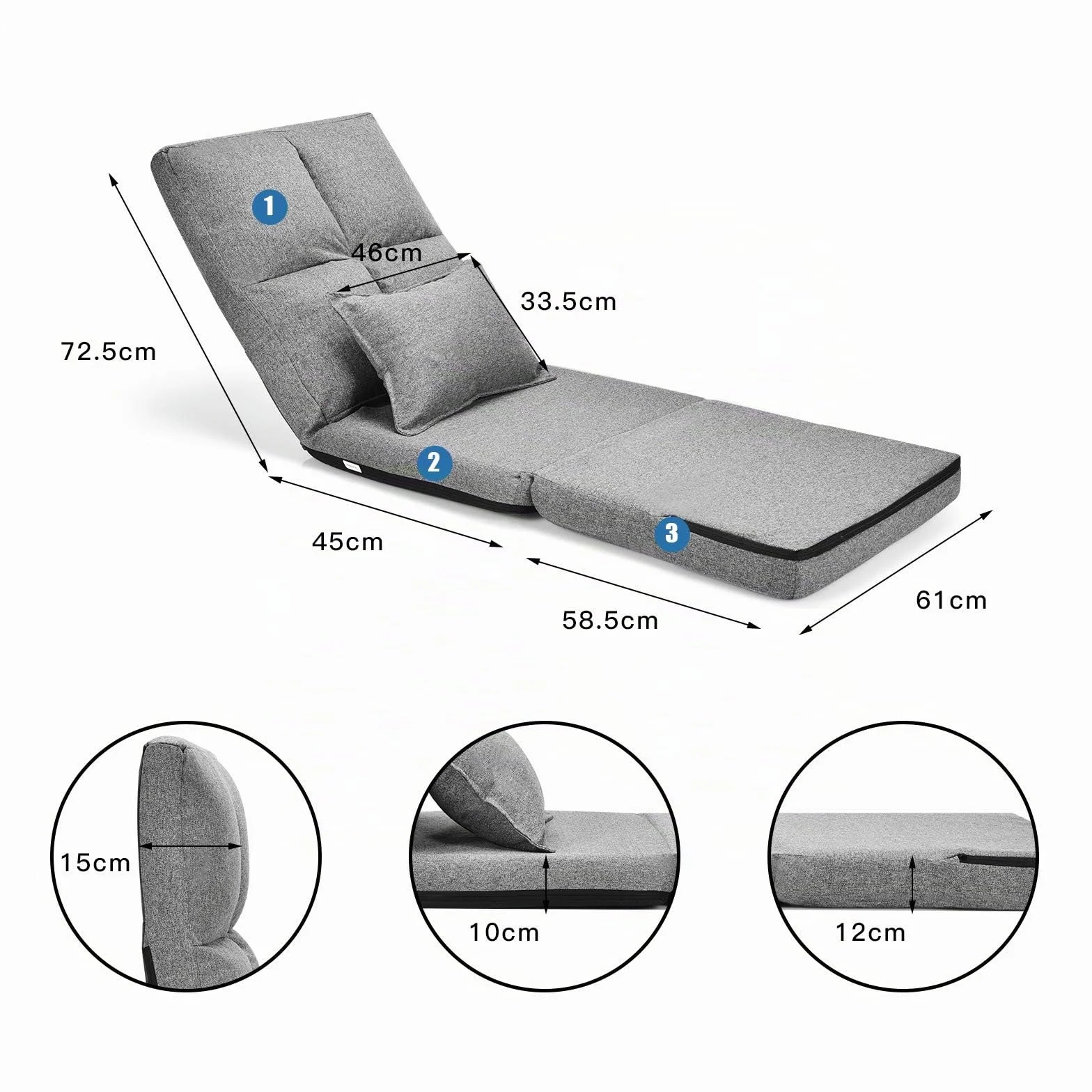 LIFEZEAL Sofá de Suelo Plegable, Silla de Piso sin instalación, sofá Perezoso Ajustable en 5 Posiciones, Silla de Suelo con cojín Lumbar para Leer, meditar en el salón (Gris)