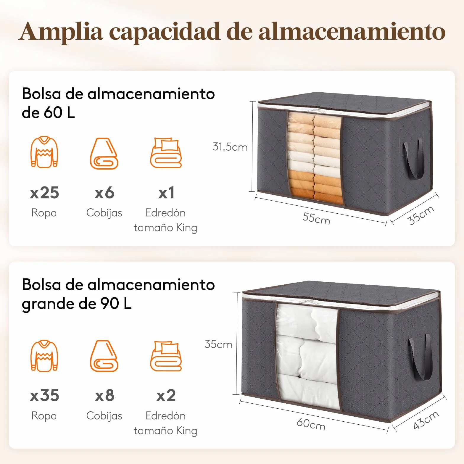 Lifewit Bolsa Almacenaje Ropa 60L 6 Piezas Organizador Armario Plegable Gris