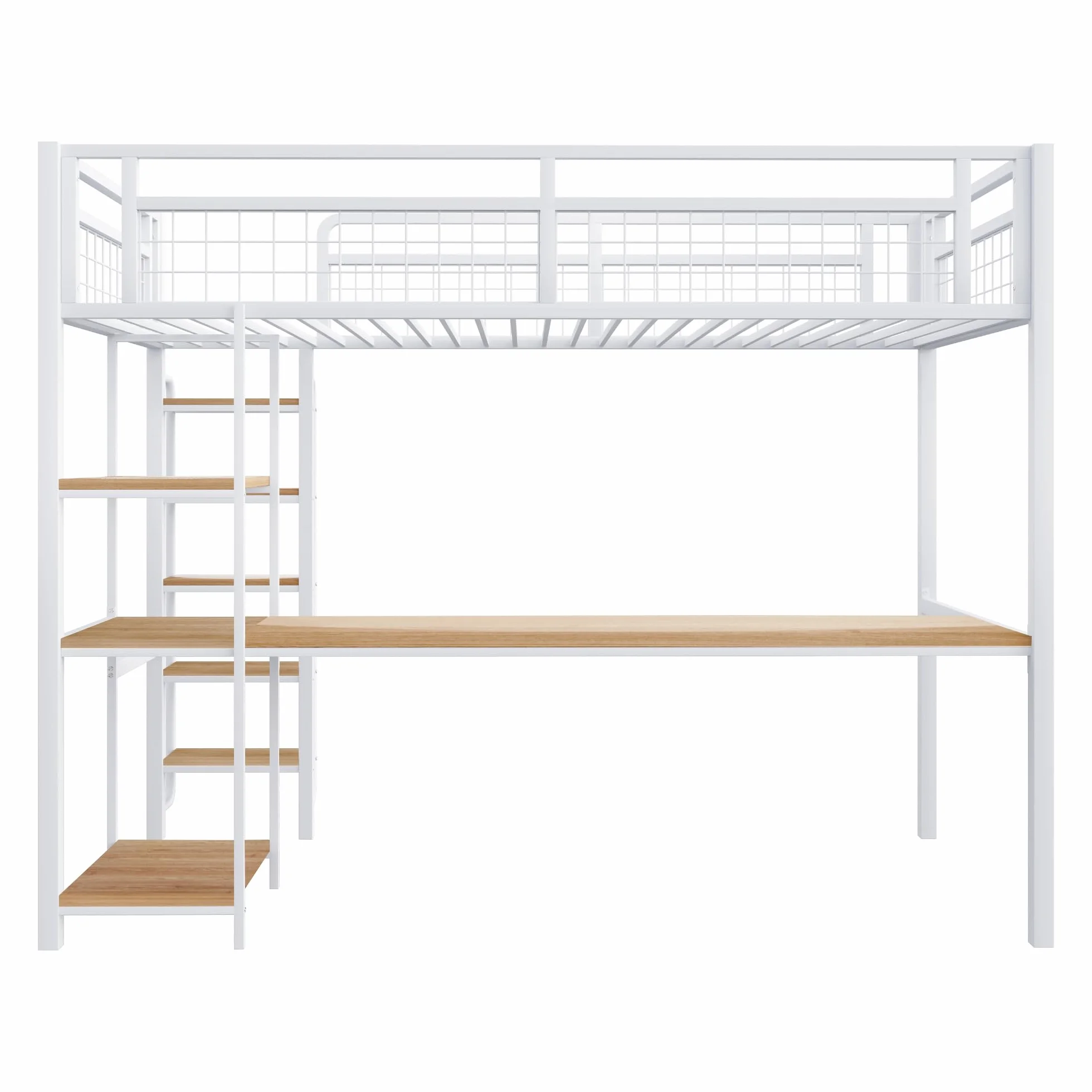 Cama alta de metal 90x200 cm con escalera y valla de seguridad blanca