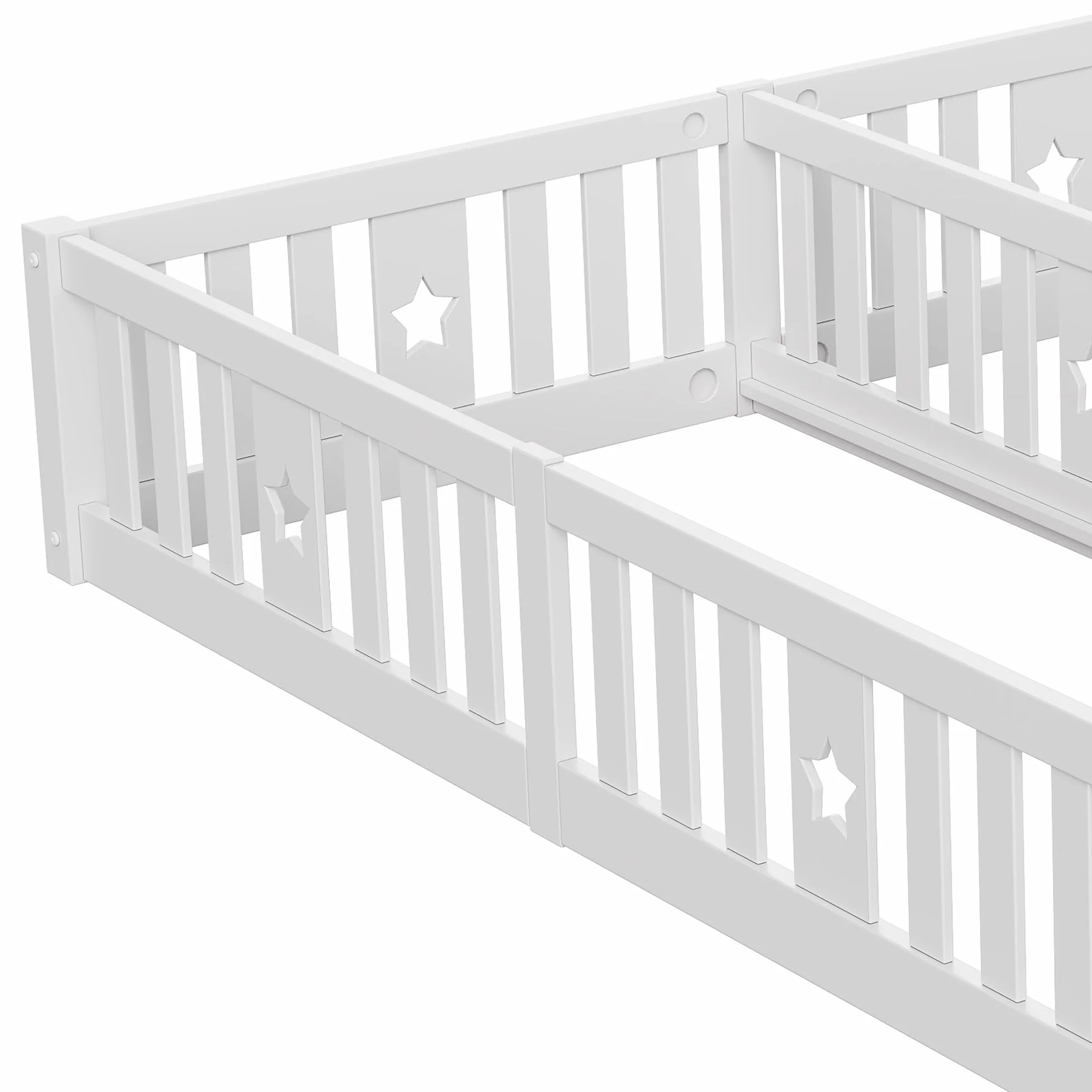 Montessori Cama infantil doble 2 x (90 x 200 cm), marco de madera con barrera de seguridad para 2 niños, color blanco y sin somier de láminas)