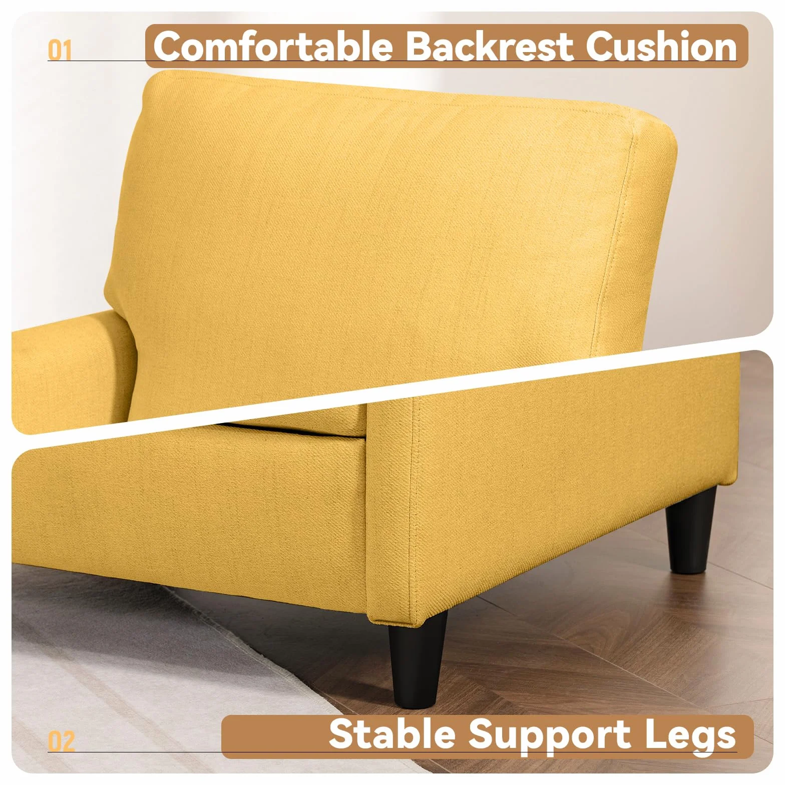 COMHOMA Sillón Salón, Sillón Relax, Silla Larga, con Apoyabrazos y Espalda Gruesa, Asiento Acolchado, Bolsa de Resortes Individual, Salón, Dormitorio, Cine en casa, Lino, Amarillo