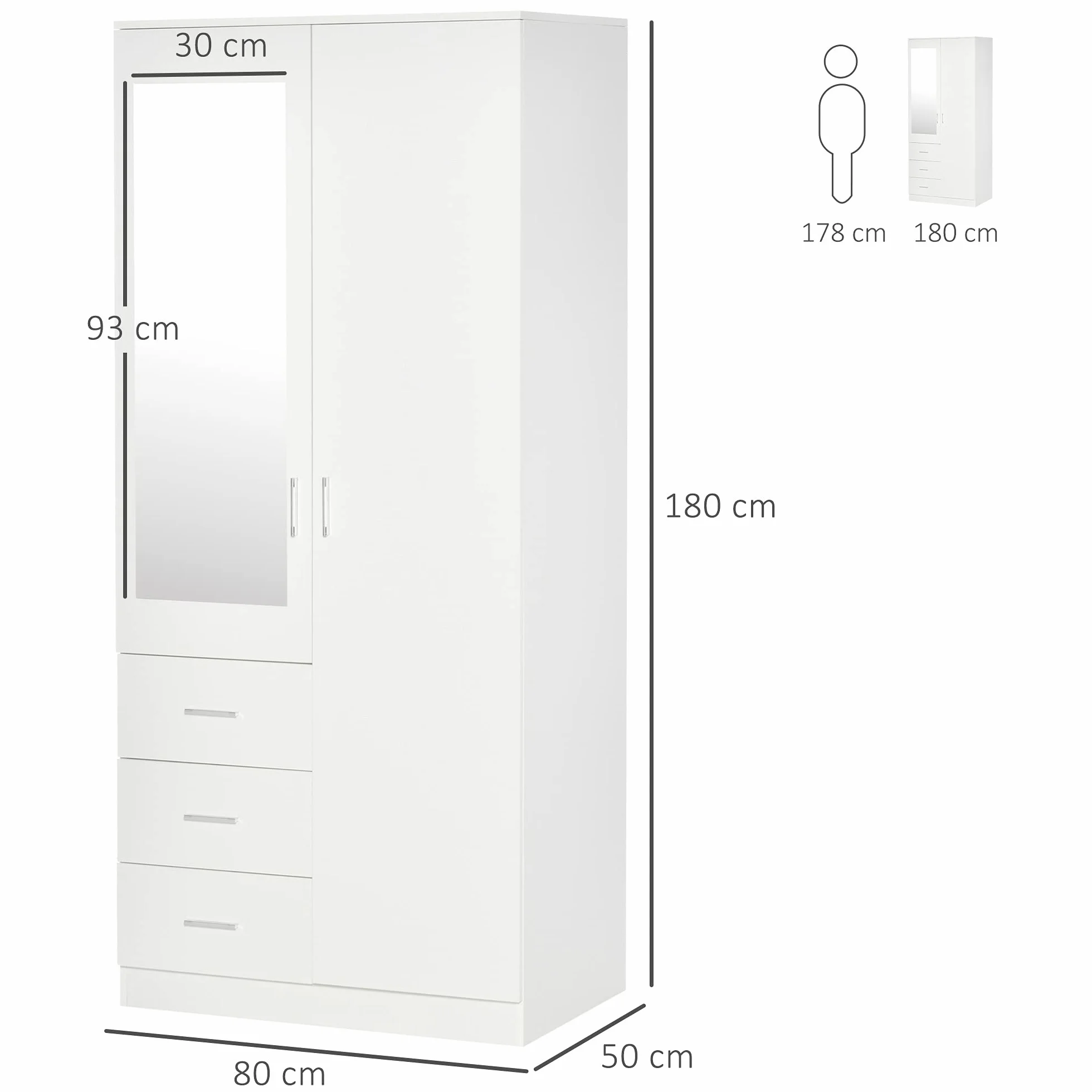 HOMCOM Armario Ropero de 2 Puertas con Espejo 3 Cajones Estantes Ajustables y Barra para Colgar Incluida Mueble Auxiliar para Dormitorio Habitación 80x50x180 cm Blanco