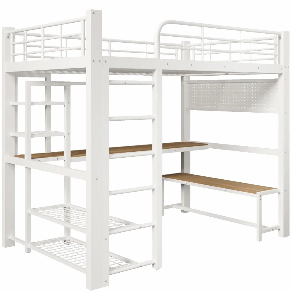 Sapgaks - Cama entrepiso de 1 plaza de 140 x 200 cm, litera infantil con barrera con banda luminosa LED, cama entrepiso escalera, escritorio de madera, tendedero para ropa (140 x 200)