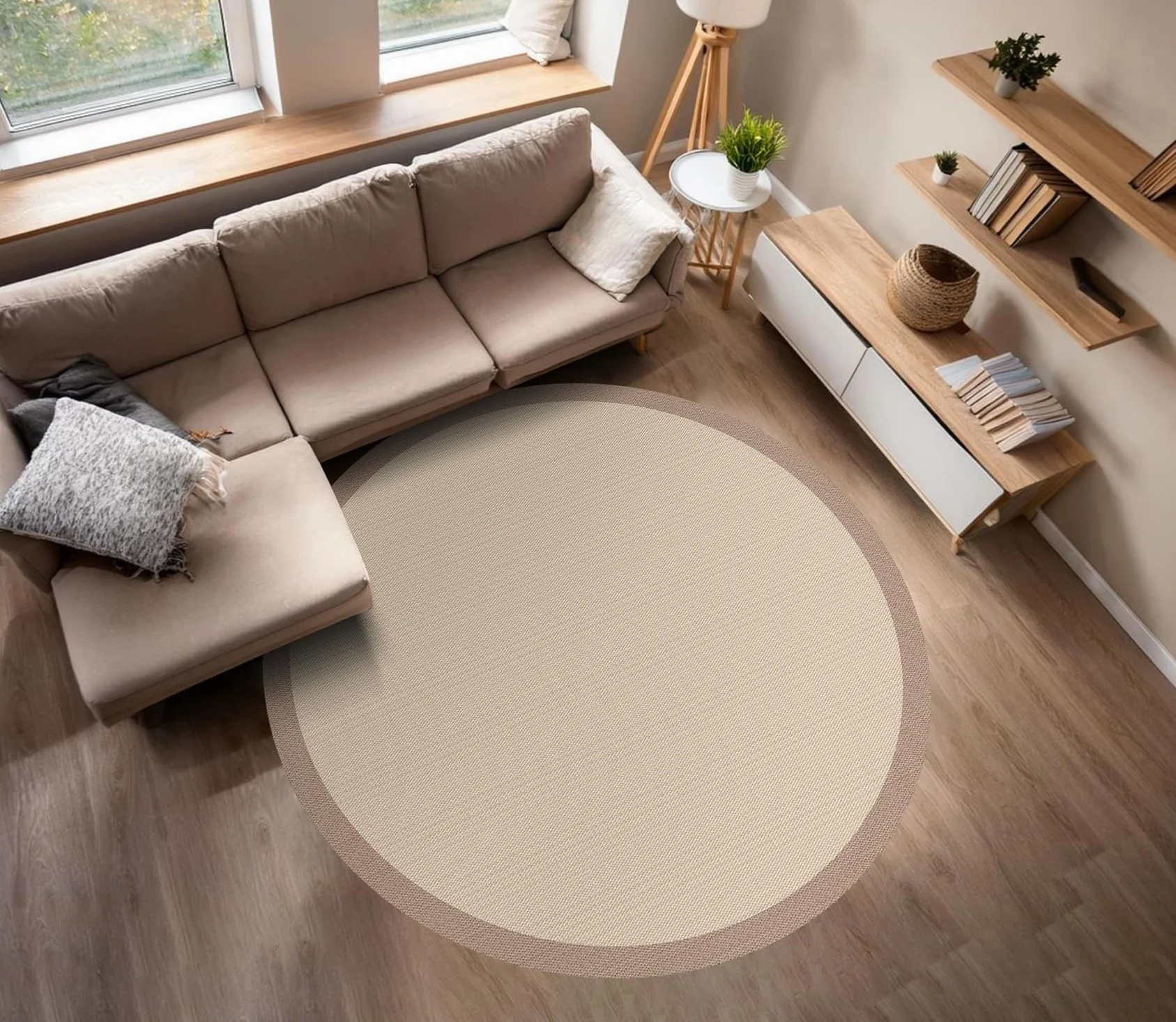 STORESBASIC Alfombra Vinilica Redonda Antideslizante, Lavable y Resistente a Manchas, Tejido Trenzado y Sin Pelo, Alfombra de Vinilo Interiores y Exteriores, Beige-visión 200cm diámetro