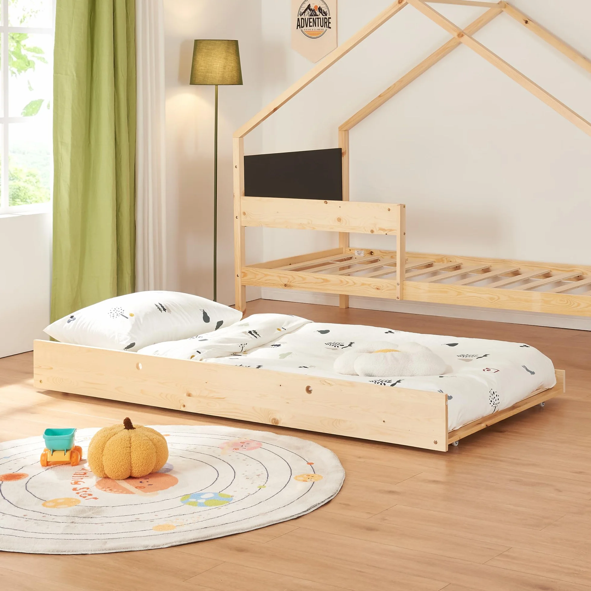 [en.casa] Cama Nido para Niños Niñas Estilo Montessori Cama Infantil con Cajón/Cama Extraíble Barandilla y Somier Forma de Casa máx. 100 kg/Cama Madera de Pino 90 x 200 cm - Natural/Negro