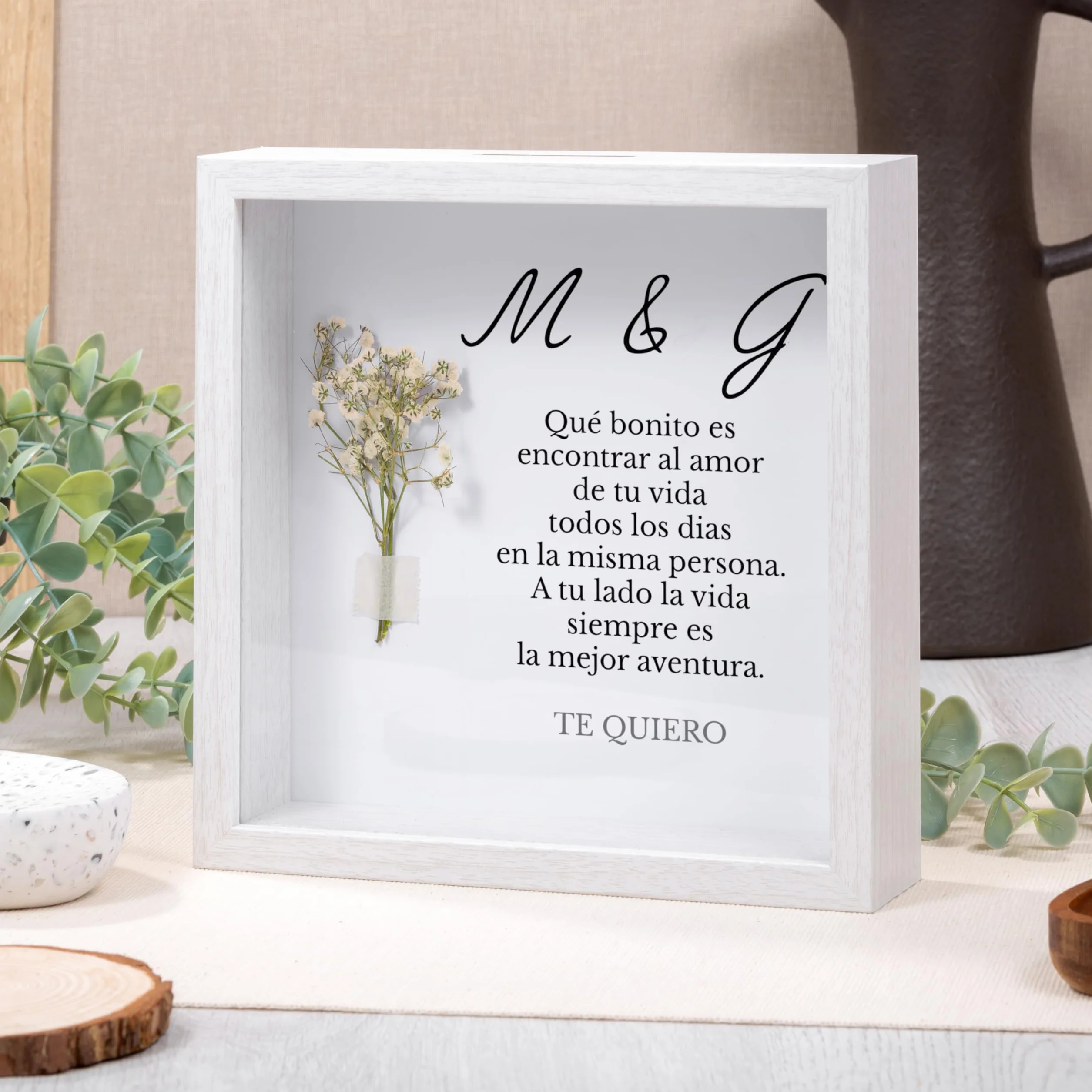 Marco Personalizado con Ramo y Profundidad 21,5x21,5x4,5 cm | Personalizable Texto | Regalo Original para Cumpleaños, Aniversario, San Valentín o Día de la Madre