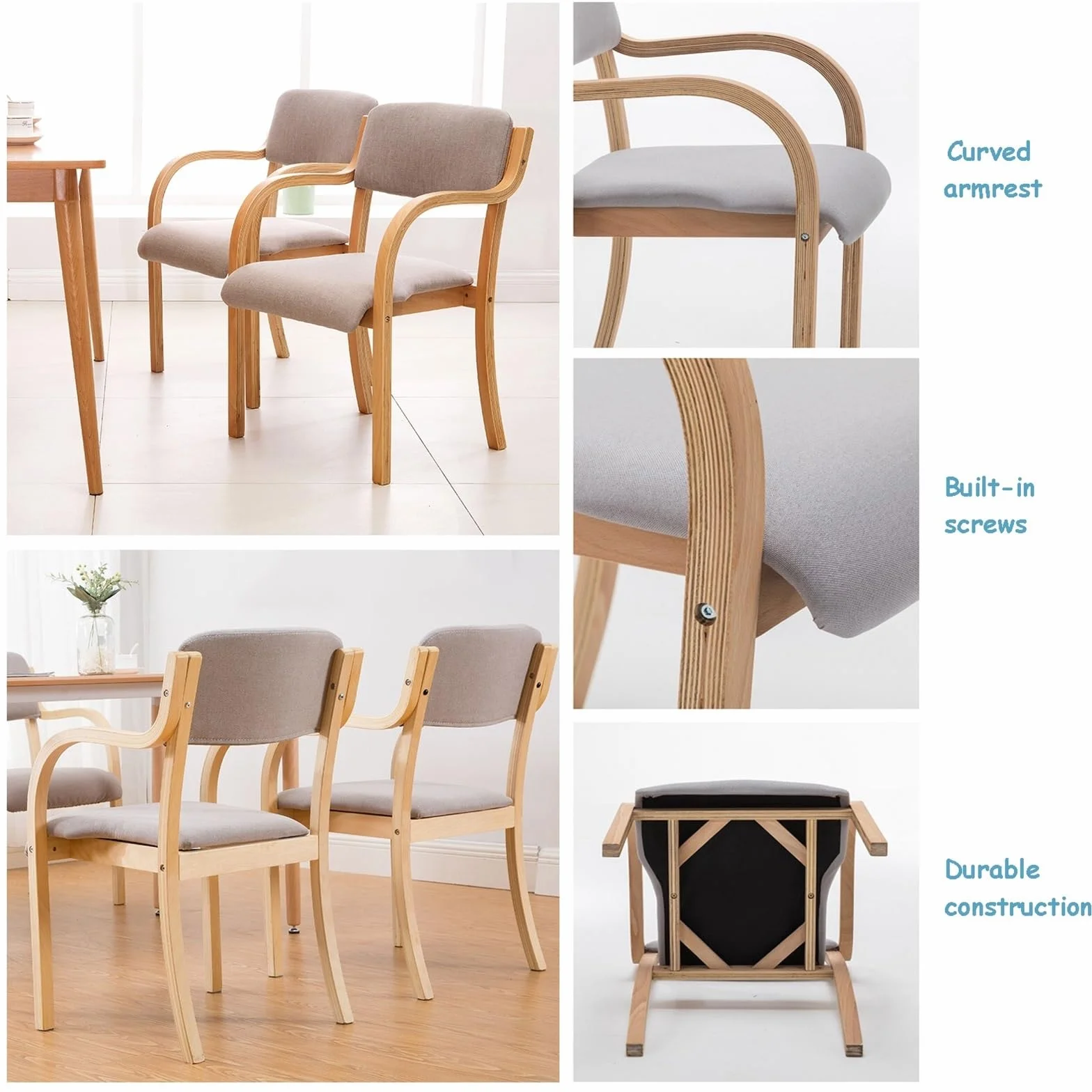 Sillas de Comedor de Madera Maciza con Brazos Silla de Cocina Tapizada Sillón de Sala de Estar con Respaldo Moderno Oficina Ocio Salón Recepción Café Sillas Accent Reposabrazos Carga Máxima 150kg