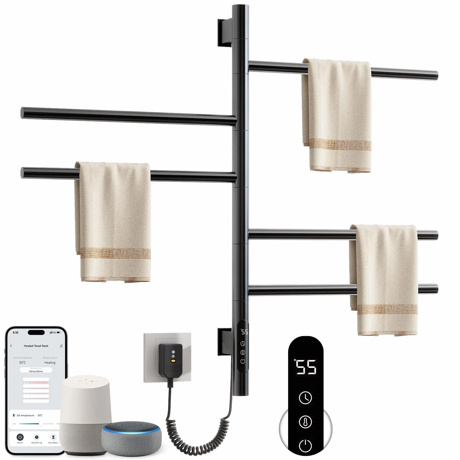 Radiador Toallero Eléctrico para Baño, Rotación de 180° Secatoallas eléctrico, 415 x 680mm, 85W, WiFi Negro Toallero Electrico Baño, Calentador Toallas, Secatoallas, Ahorro de energía-G63 WiFi Black
