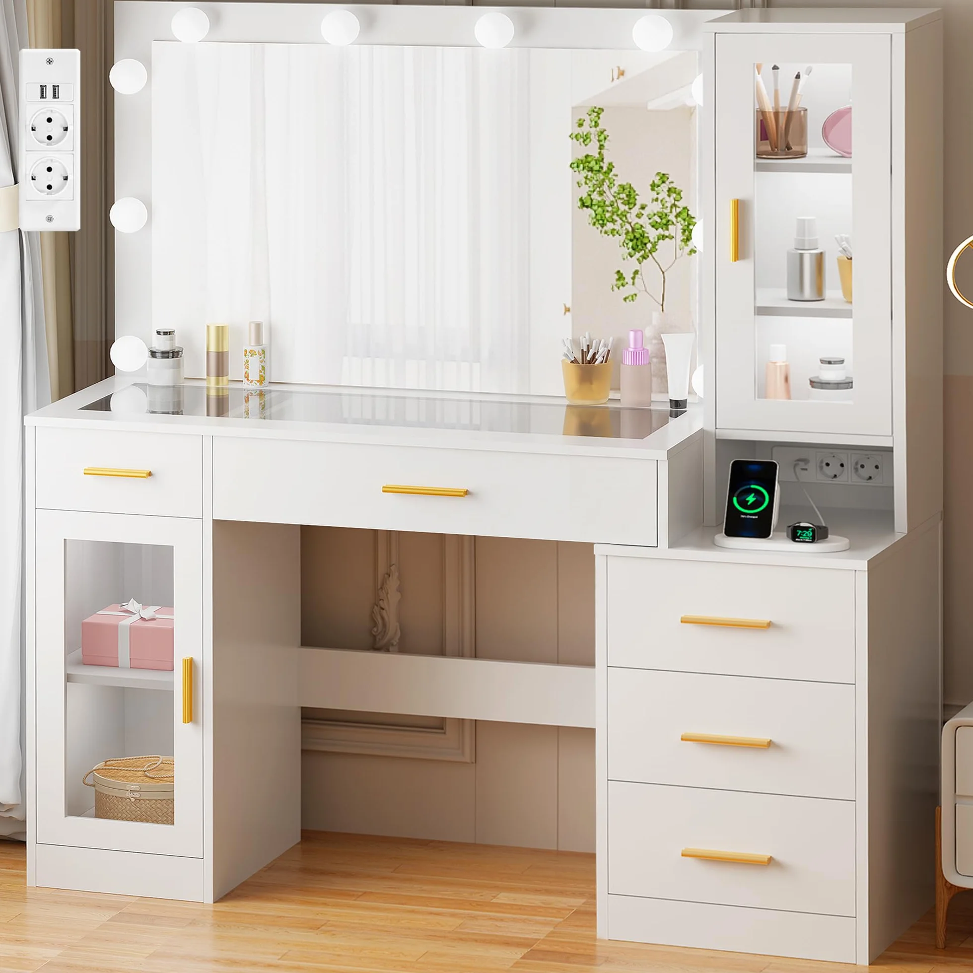BEWISHOME Tocador con Espejo y Luces LED, Brillo Ajustable, 5 Cajones, Blanco EFST34W