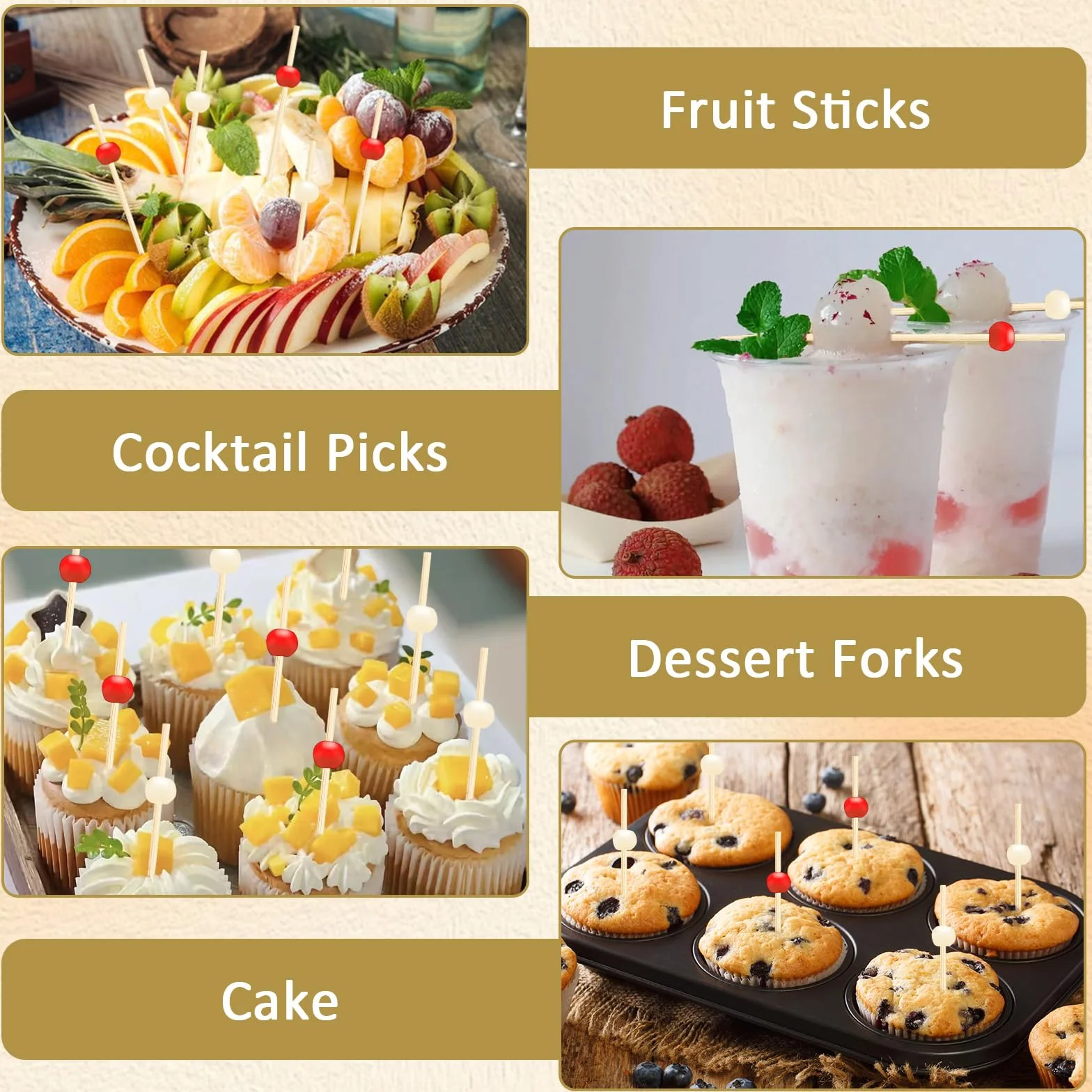 Pinchos para comida para dedos, 400 artículos, pinchos para aperitivos, palillos de madera, pinchos de cóctel, brochetas de frutas, brochetas de queso, brochetas de fiesta para bodas, fiestas