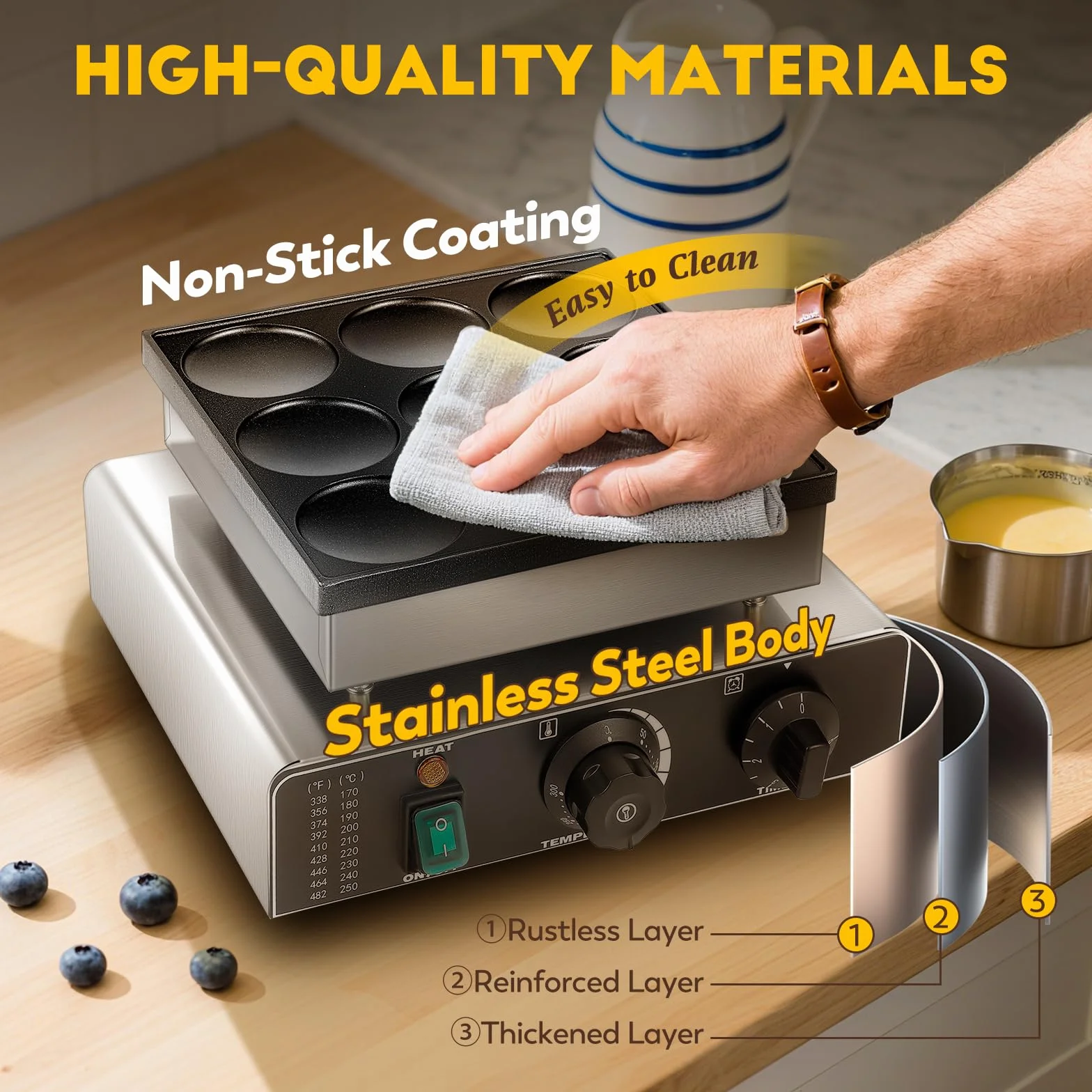 CGOLDENWALL 9 PCS Máquina para Hacer Panqueques Holandesa, con Revestimiento Antiadherente, Temporizador y Temperatura Ajustable, Mini Panqueques Eléctricos para Tortitas, Dorayaki y Poffertjes