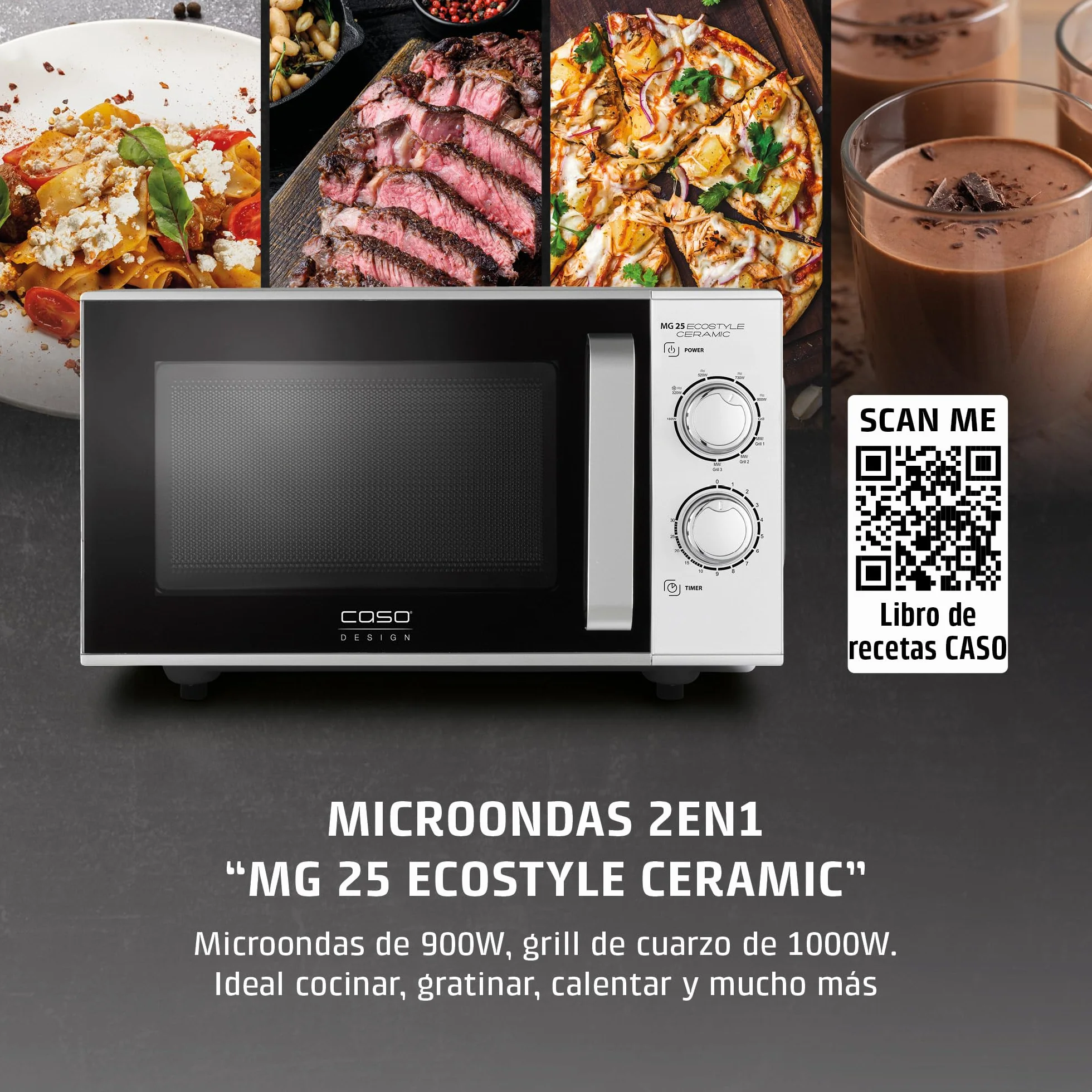CASO MG 25 Ecosytle Ceramic - Microondas 2 en 1 sin plato giratorio con grill de 1000W - Capacidad de 25L - Temporizador hasta 30 mins - grande - plateado