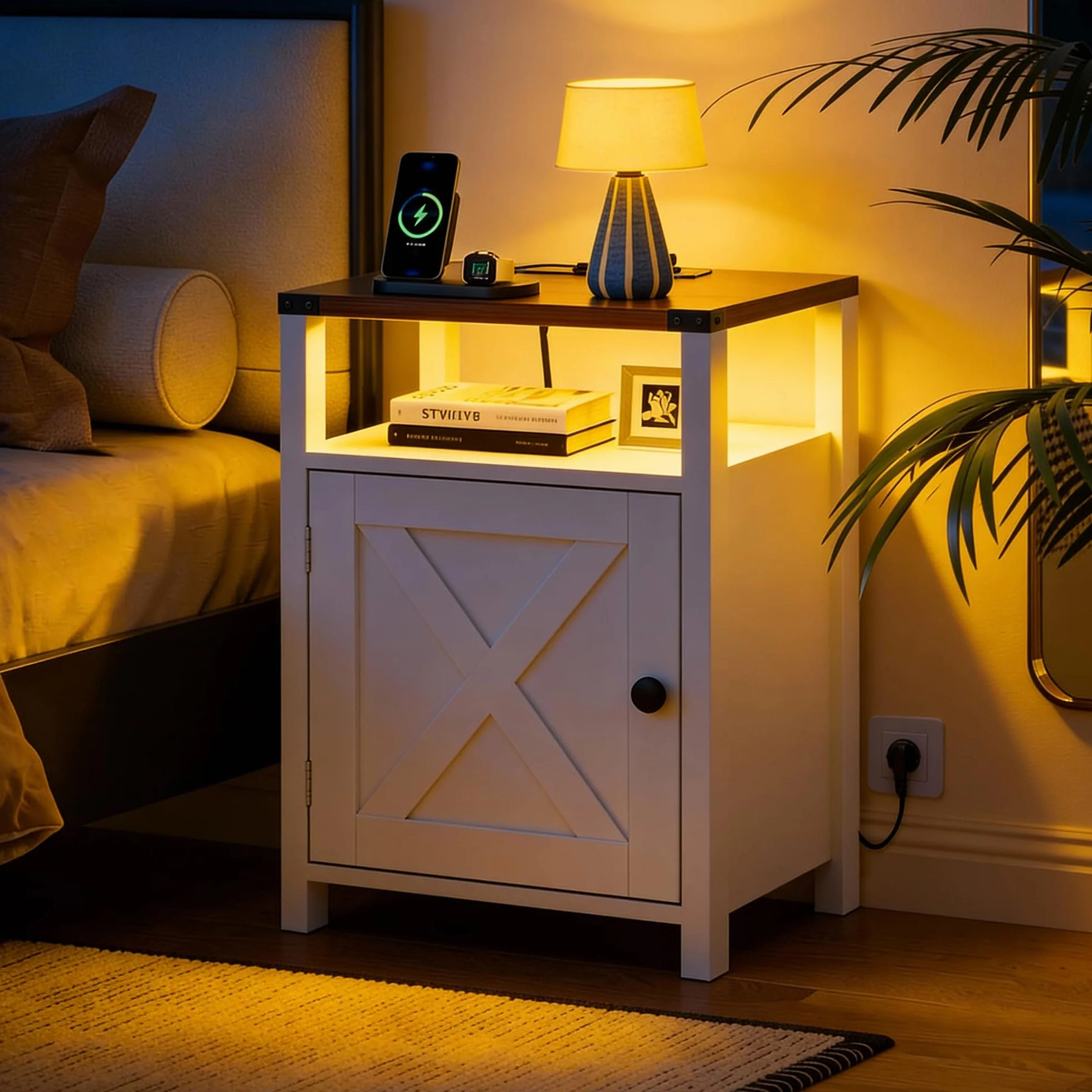 BonVache Juego de 2 Mesitas de Noche, con iluminación LED y enchufes, Color Ajustable, Puerta de Gran Capacidad y Compartimento Abierto, para Dormitorio, Salón
