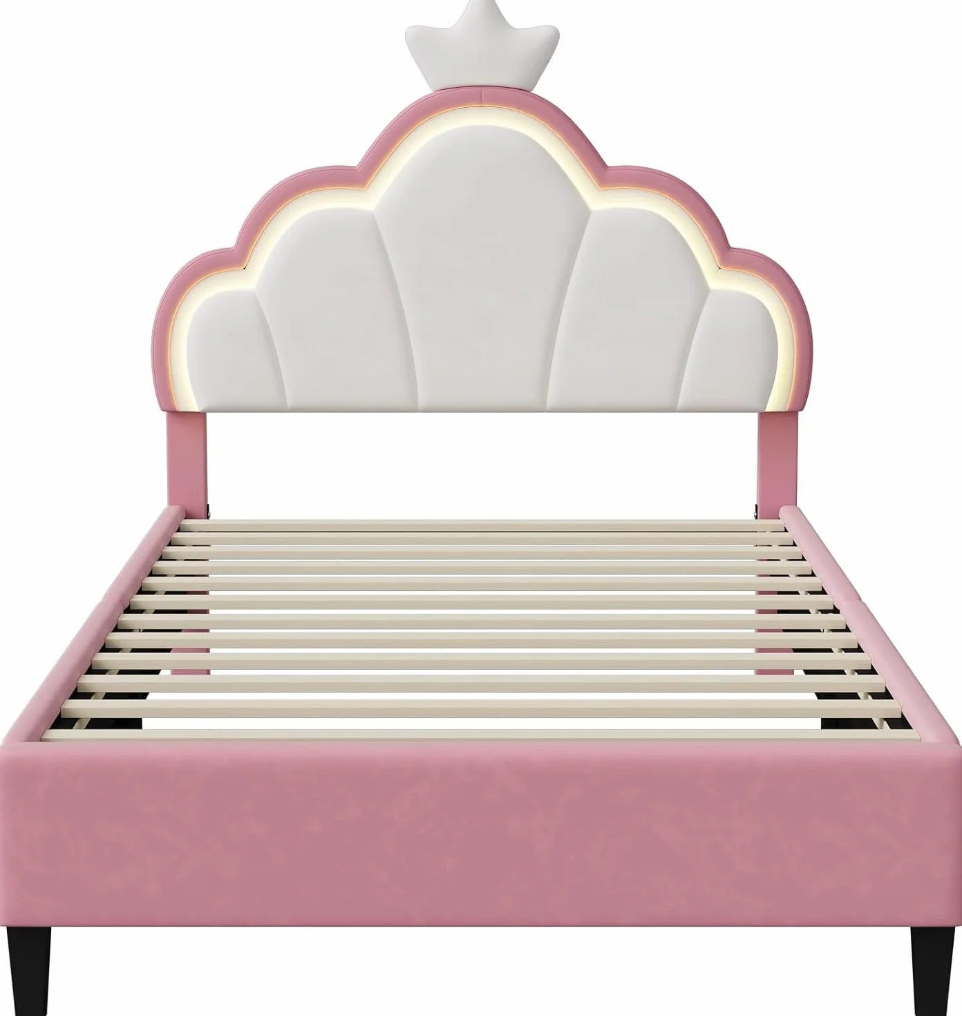 Cama infantil tapizada de 90x200 cm, cama para niñas, camaInfantil, camaPrincesa con cabecero LED ajustable y somier de láminas, camaJuvenil de madera maciza y terciopelo, sin colchón (90*200)