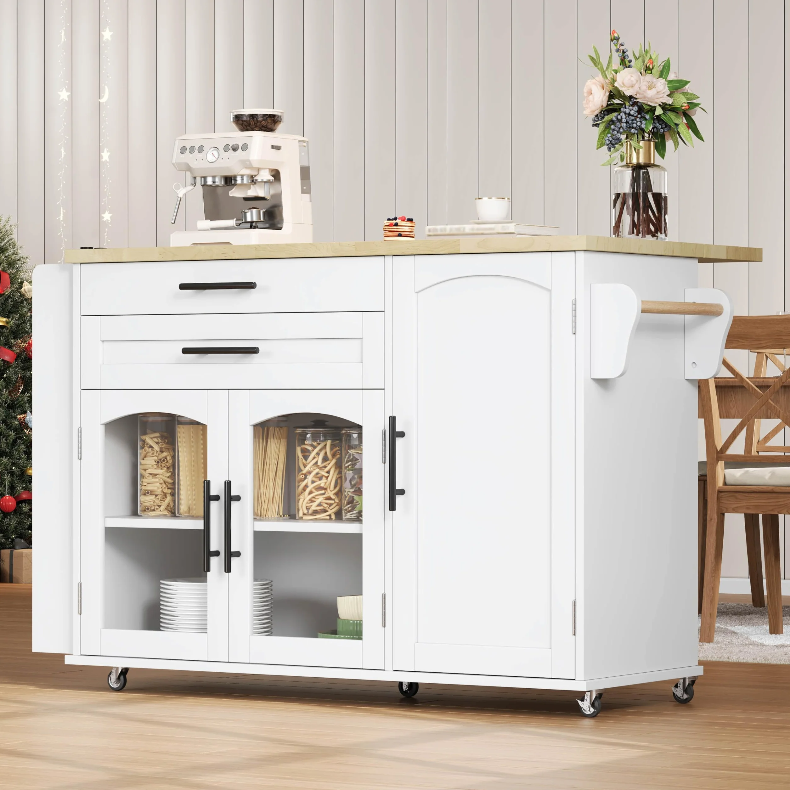 Isla de cocina con encimera, carrito de cocina independiente con 5 ruedas, armario de cocina con estante para especias y cajón, para cocina y comedor 120 x 45 x 90 cm (blanco)