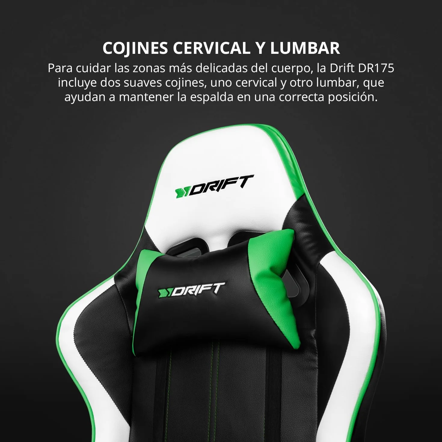 DRIFT GAMING DR175 - Silla Gaming Profesional, polipiel, reposabrazos ajustables 2D, pistón clase 4, giratoria, mecanismo de mariposa, cojín lumbar y cervical, color negro/blanco/verde