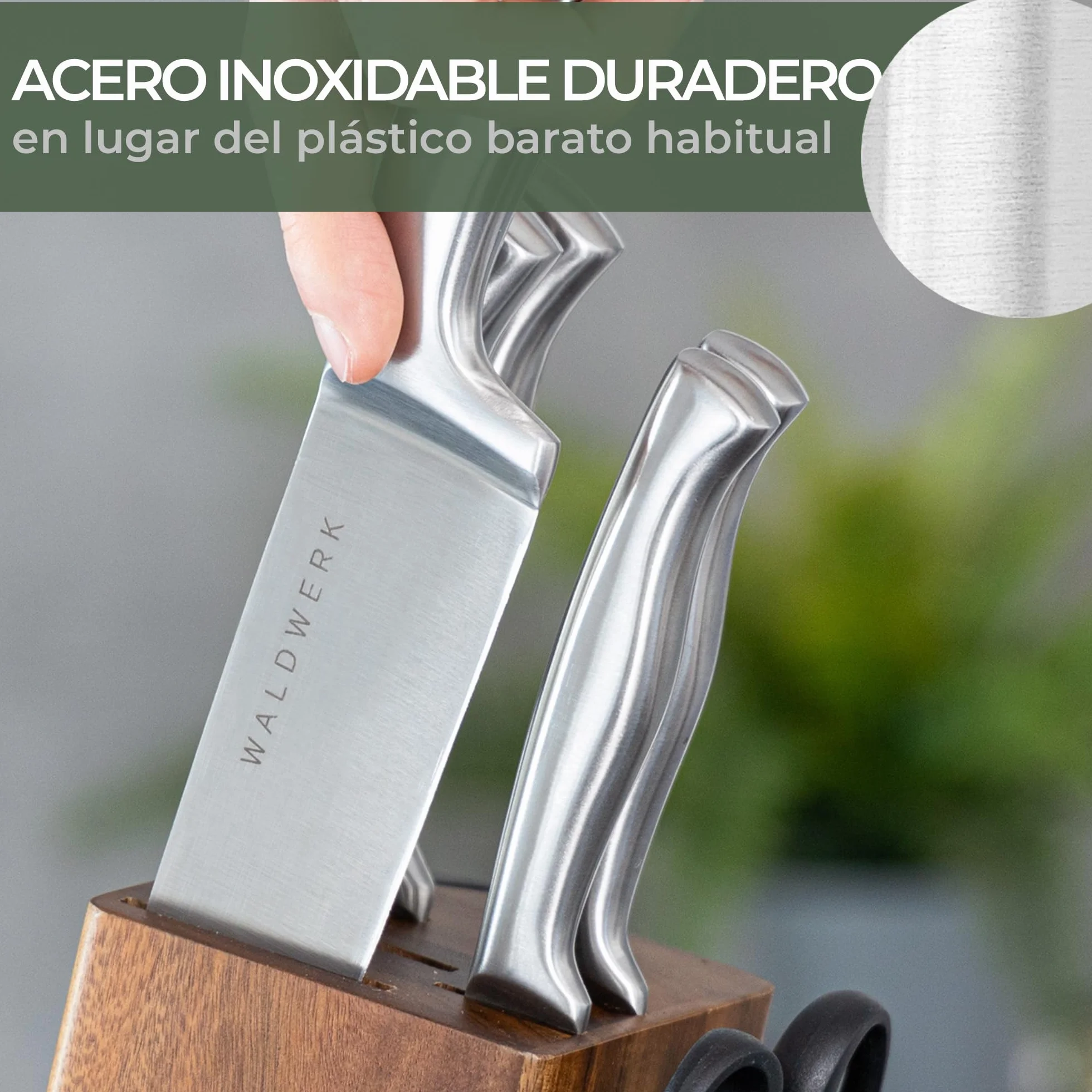 WALDWERK Juego de cuchillos de cocina de 7 piezas con bloque y afilador integrado