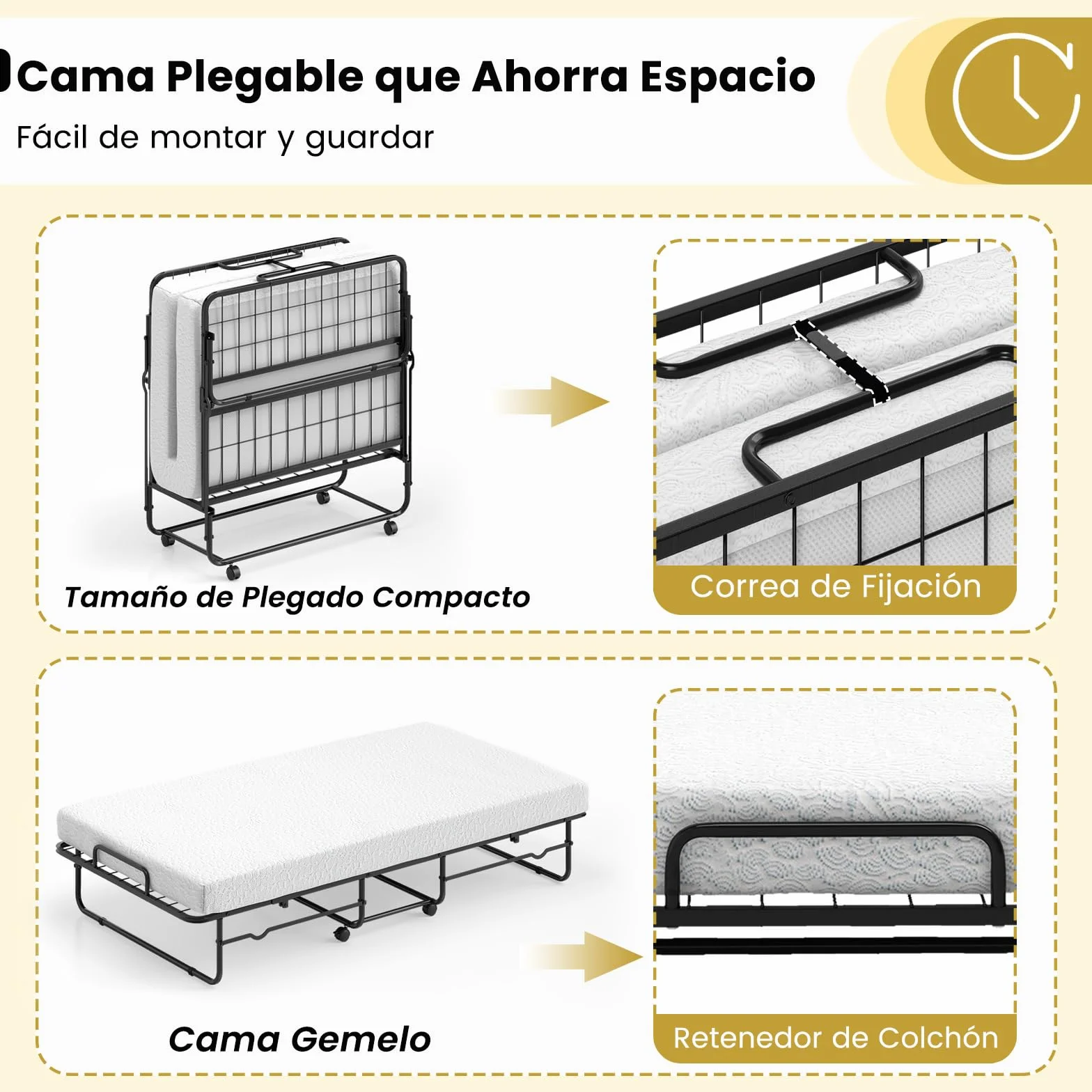 COSTWAY Cama Plegable 90 x 190 con Colchón, Cama Supletoria Plegable con Espuma de Memoria y Estructura Metálica, Individual de Invitado, Carga 220kg