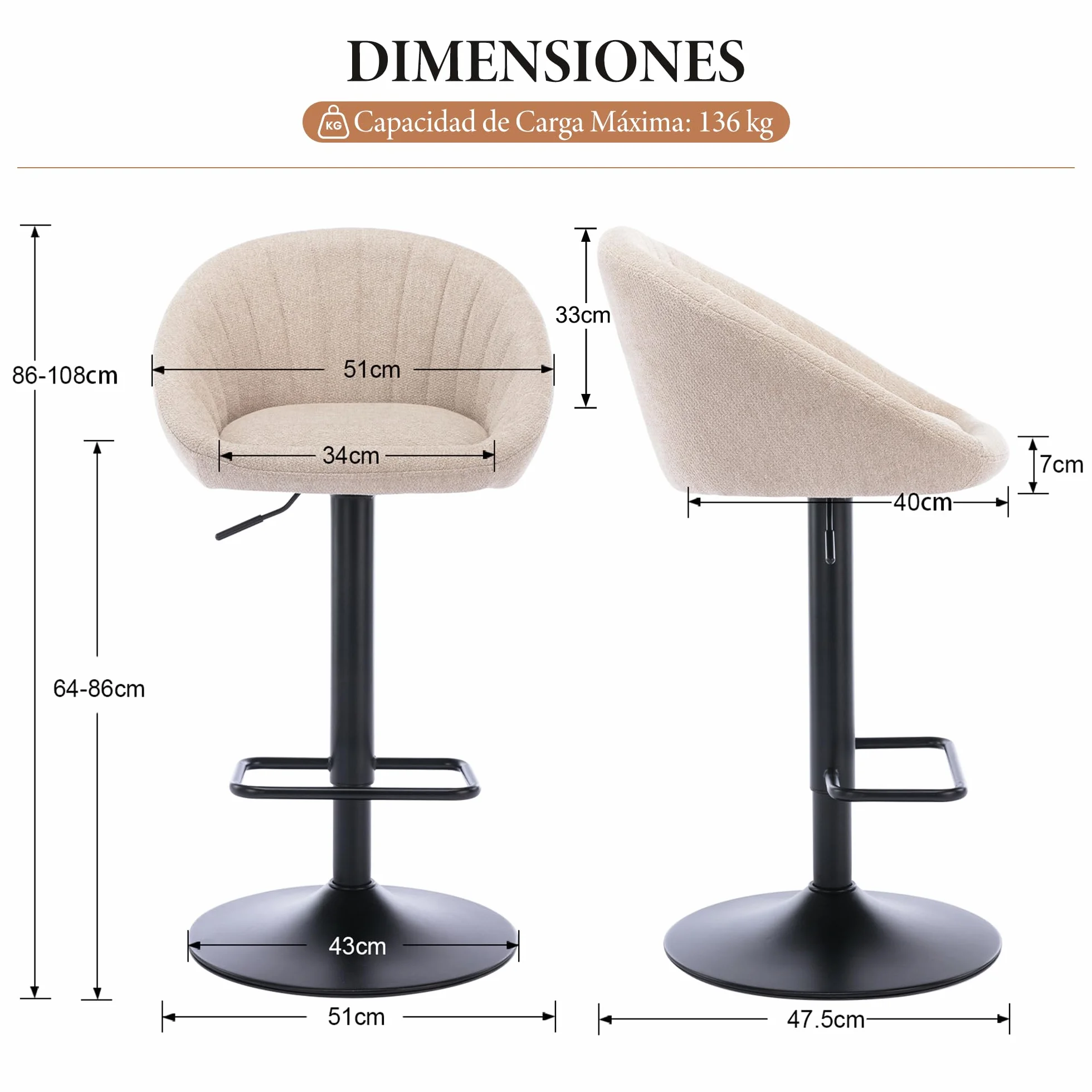 Ya-Home Juego 2 Taburetes de Bar Modernos Taburetes Alto de Cocina con Respaldo,Sillas Bar Giratorios Sillas Altas de Mostrador Regulables para Isla Cocina/Restaurante,Beige