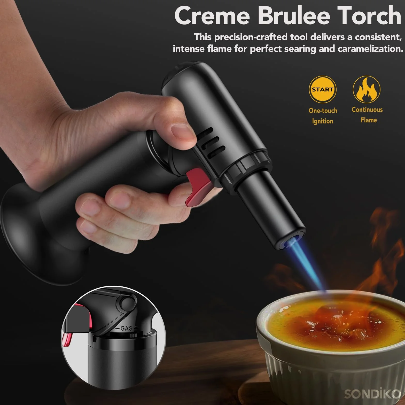 Sondiko Soplete de Cocina S907, Recargable con Bloqueo de Seguridad y Llama Ajustable