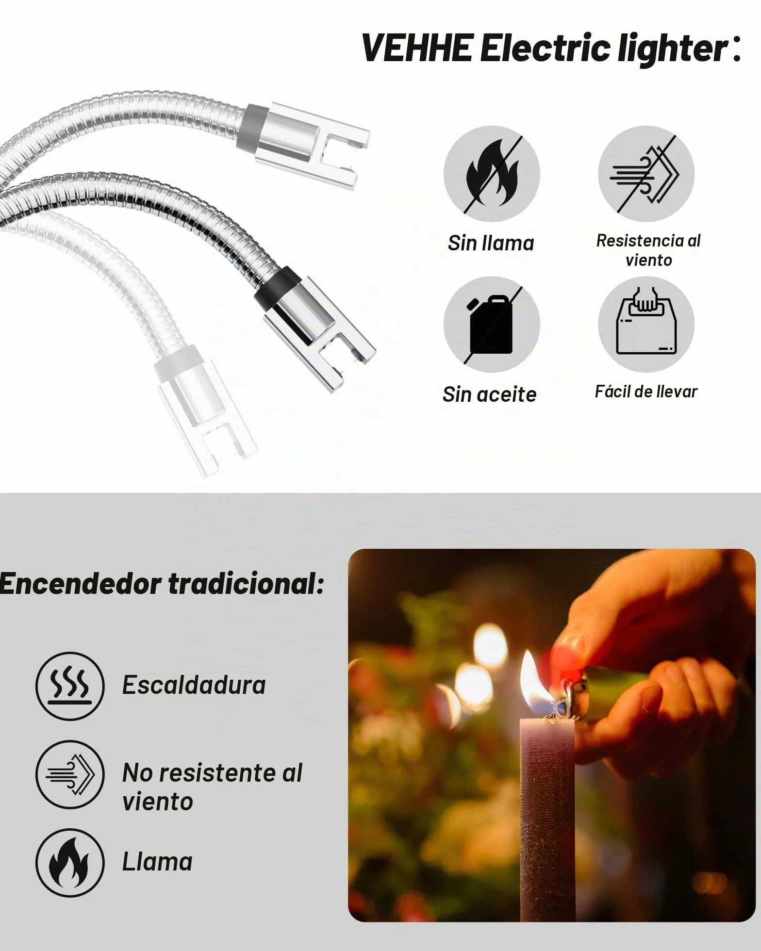 Encendedor de Arco Eléctrico Recargable VEHHE con Indicador LED de Batería USB, Mechero Largo para Cocina, Velas, Estufas de Gas y Camping